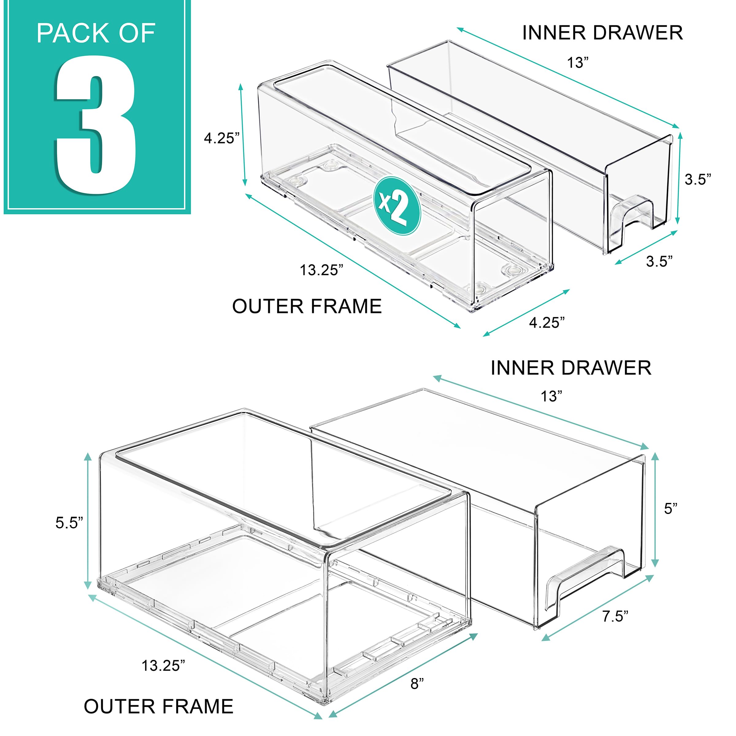 Sorbus Fridge Drawers - Clear Stackable Pull Out Refrigerator Organizer Bins - Food Storage Containers for Kitchen, Freezer, Vanity & Fridge (3 Pack | 1 Large, 2 Small Stackable Drawer Bins) - Image 4
