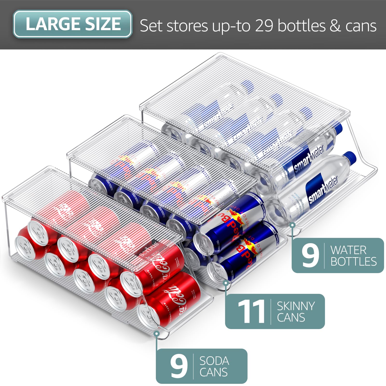 Sorbus Fridge & Pantry Can Organizer - 3 Size Dispenser for Standard, Skinny Cans & Water Bottles - Image 7