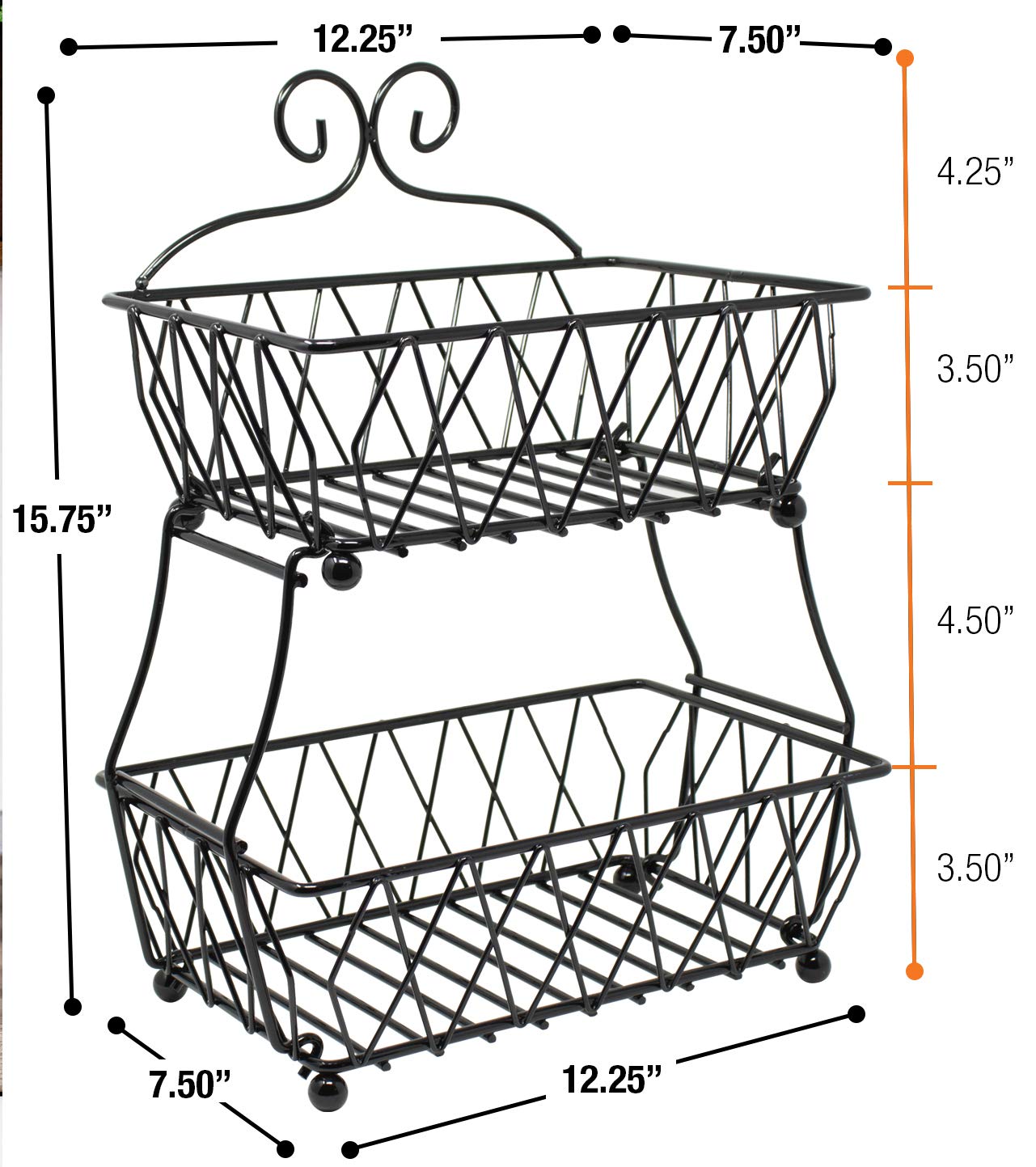 Sorbus Fruit Basket Display Stand, 2-Tier, for Vegetable, Fruit & Bread Counter Storage for Kitchen, Bathroom, Rectangular Antique Metal (Black) - Image 4