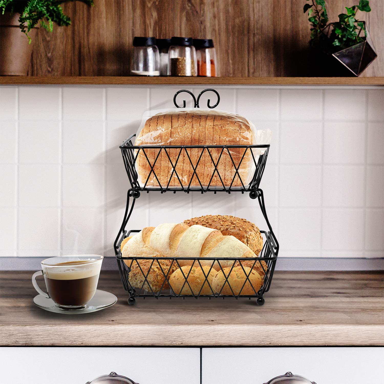 Sorbus Fruit Basket Display Stand, 2-Tier, for Vegetable, Fruit & Bread Counter Storage for Kitchen, Bathroom, Rectangular Antique Metal (Black) - Image 5