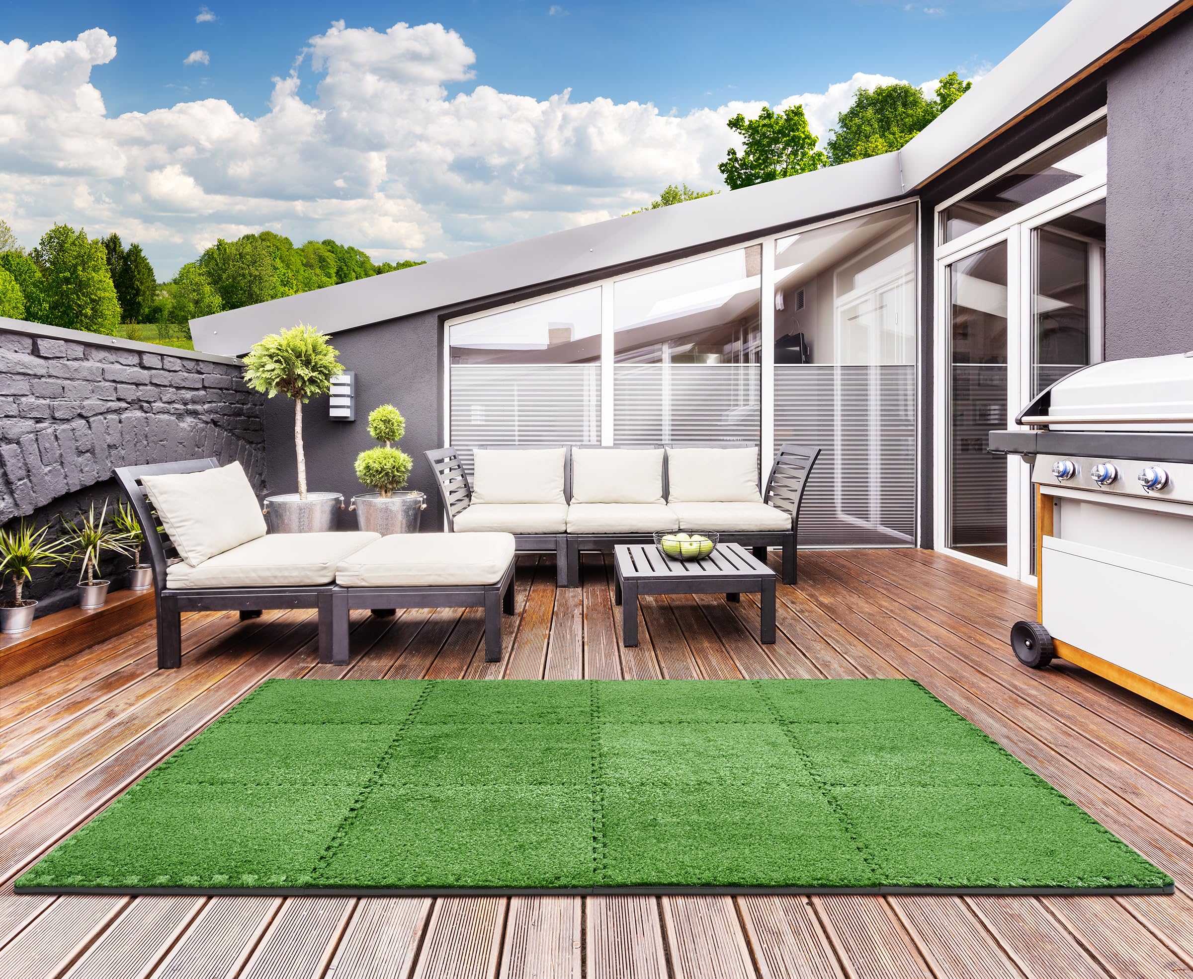 Sorbus Grass Foam Floor Tiles - 24 Interlocking Mats of 24"X24” Total of 96 Sq Ft for Kids Outdoor Toys, Playroom, Deck, Patio, Basement Home Gym - Artificial Carpet Grass Turf Indoor Outdoor Flooring - Image 4