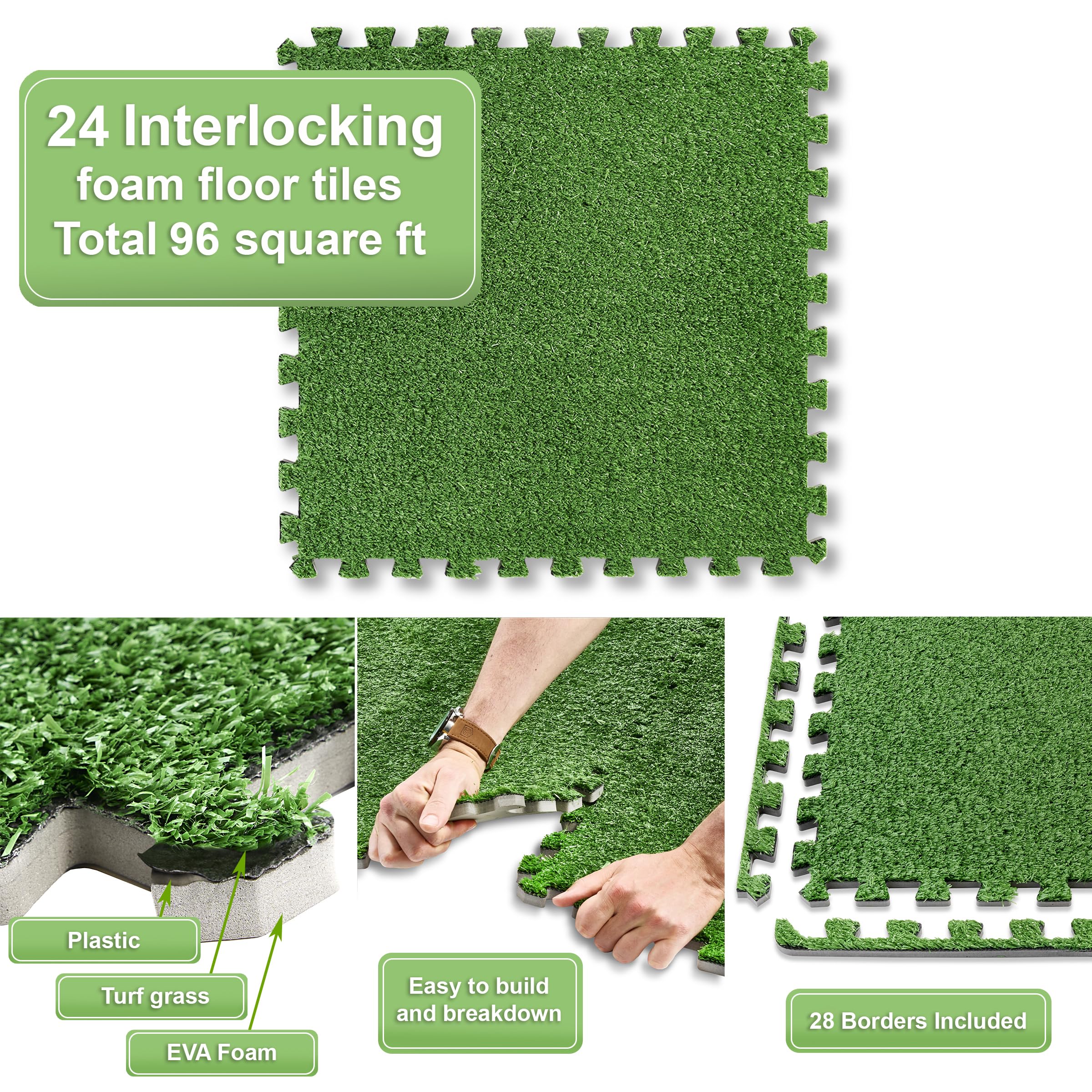 Sorbus Grass Foam Floor Tiles - 24 Interlocking Mats of 24"X24” Total of 96 Sq Ft for Kids Outdoor Toys, Playroom, Deck, Patio, Basement Home Gym - Artificial Carpet Grass Turf Indoor Outdoor Flooring - Image 5
