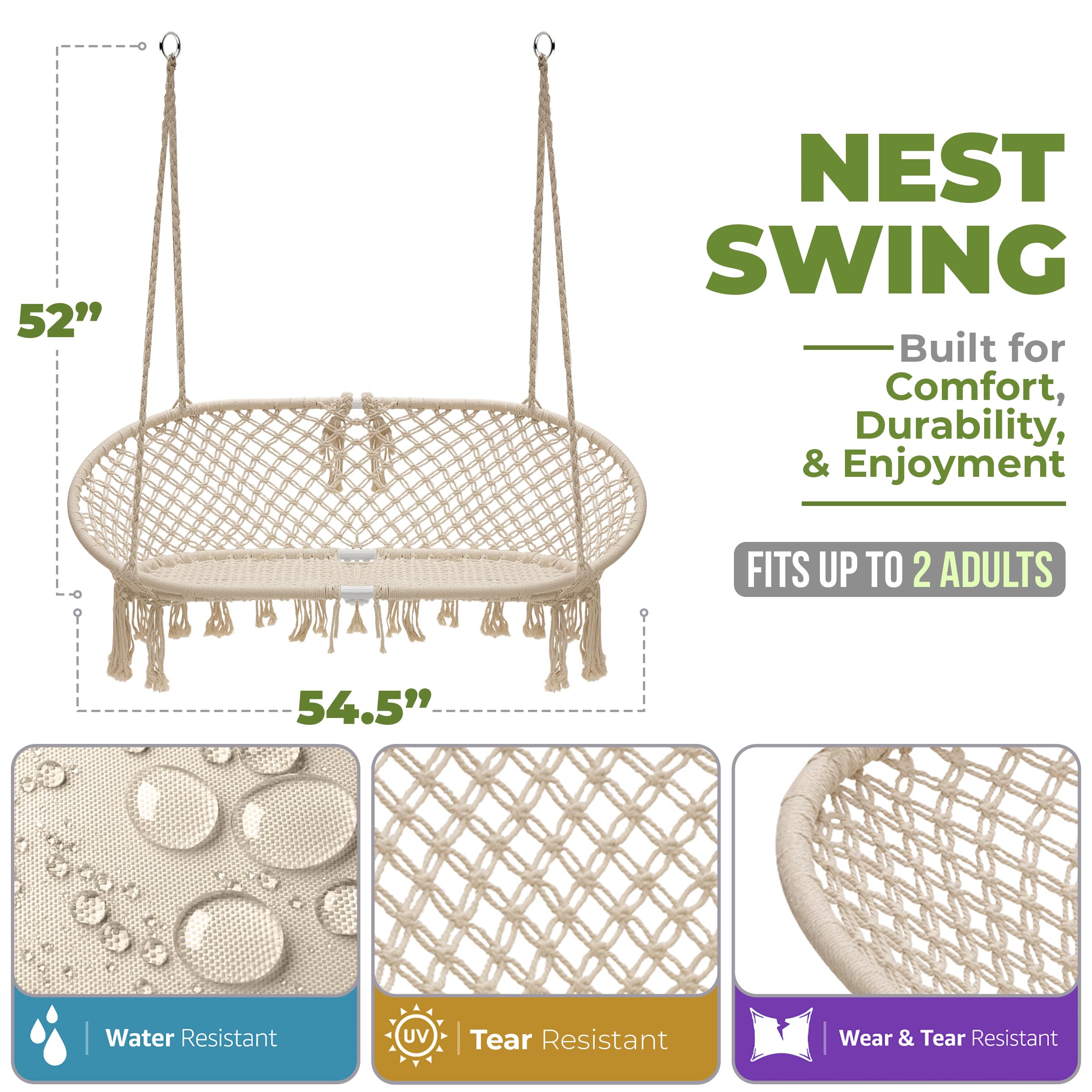 Sorbus Hammock Chair Macrame Hanging Swing Bench, Perfect for Indoor, Outdoor, Teens Girl Bedroom, Home, Room, Patio, Deck, Yard, Garden, Knitted Floating Swinging Bench, (Double Swing) - Image 3
