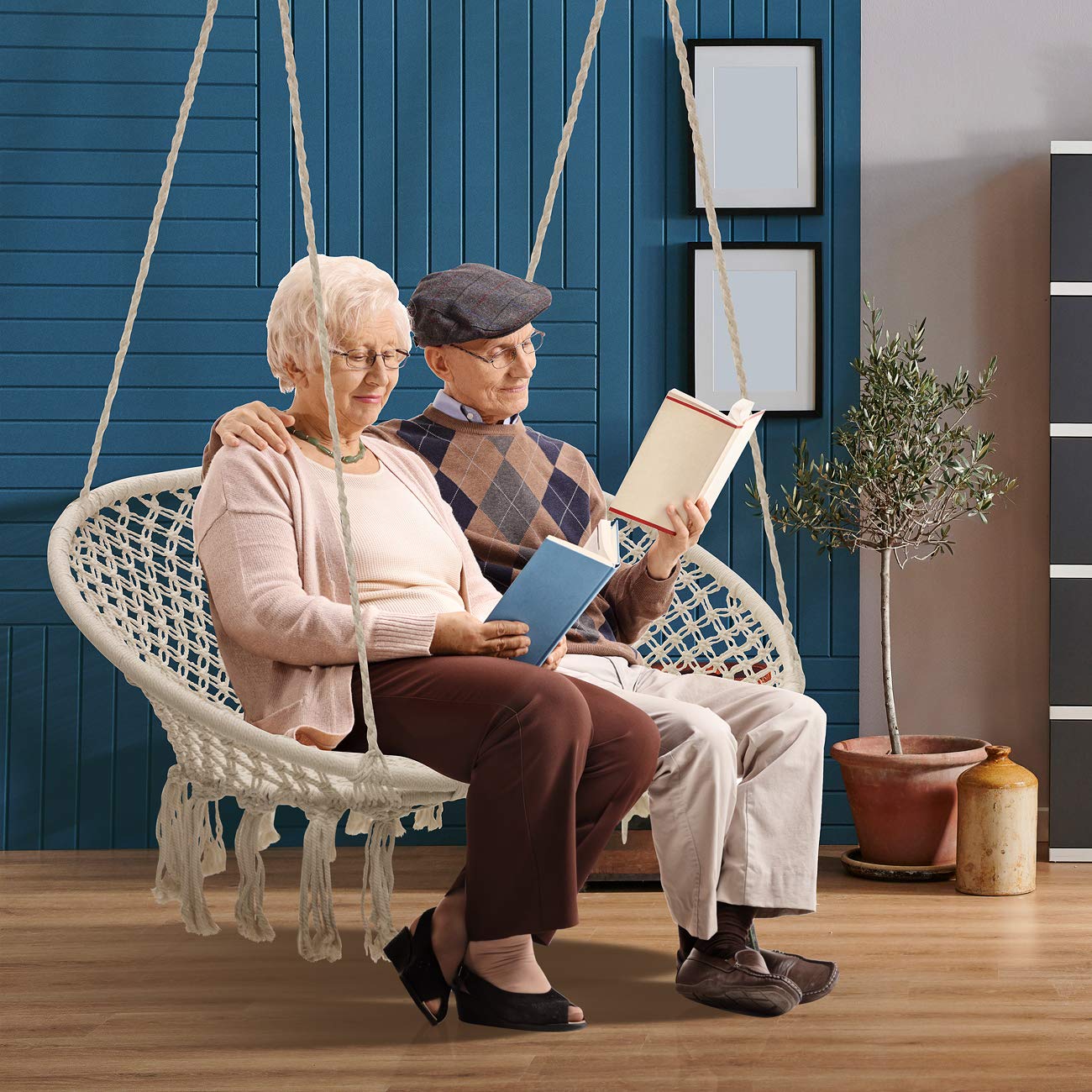 Sorbus Hammock Chair Macrame Hanging Swing Bench, Perfect for Indoor, Outdoor, Teens Girl Bedroom, Home, Room, Patio, Deck, Yard, Garden, Knitted Floating Swinging Bench, (Double Swing) - Image 4