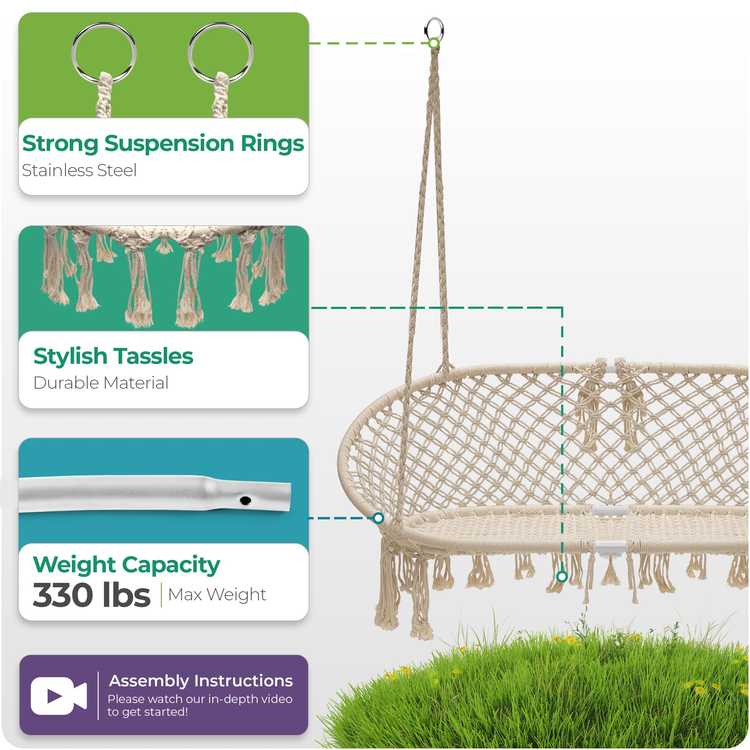 Sorbus Hammock Chair Macrame Hanging Swing Bench, Perfect for Indoor, Outdoor, Teens Girl Bedroom, Home, Room, Patio, Deck, Yard, Garden, Knitted Floating Swinging Bench, (Double Swing) - Image 5