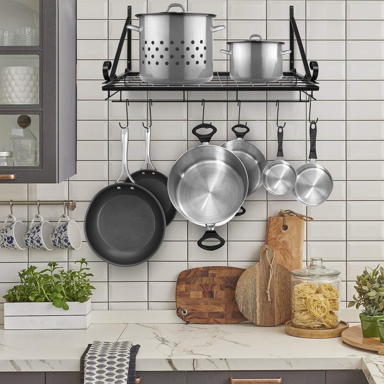 Sorbus Hanging Pot Rack - Wall Mounted Pot Rack storage shelf hanging rack — Pots and Pans Rack shelf Organizer holder pot hanger - 10 S Hooks - kitchen cookware, utensils, pans, 2 DIY Methods (Black) - Image 3