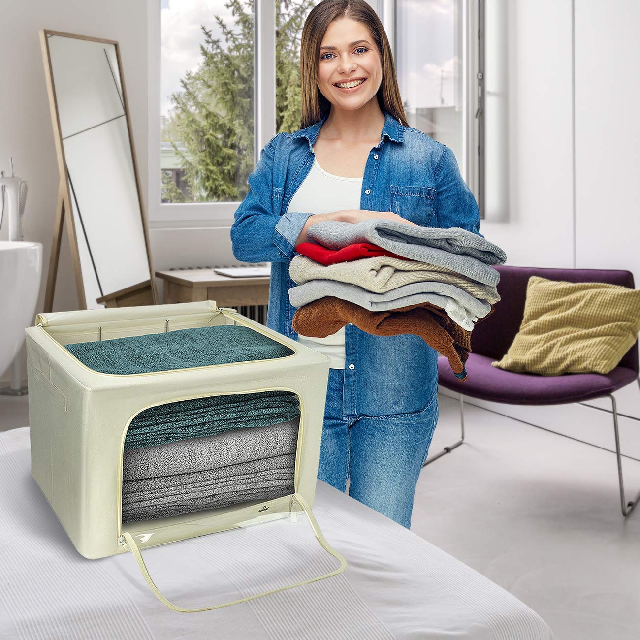 Sorbus Jumbo Storage Bins with Metal Frame - Oxford Fabric Storage Containers with Large Clear Window & Carry Handles - Stackable & Foldable Clothes Organizer Bags for Bedding Linen, Clotheing & More - Image 4