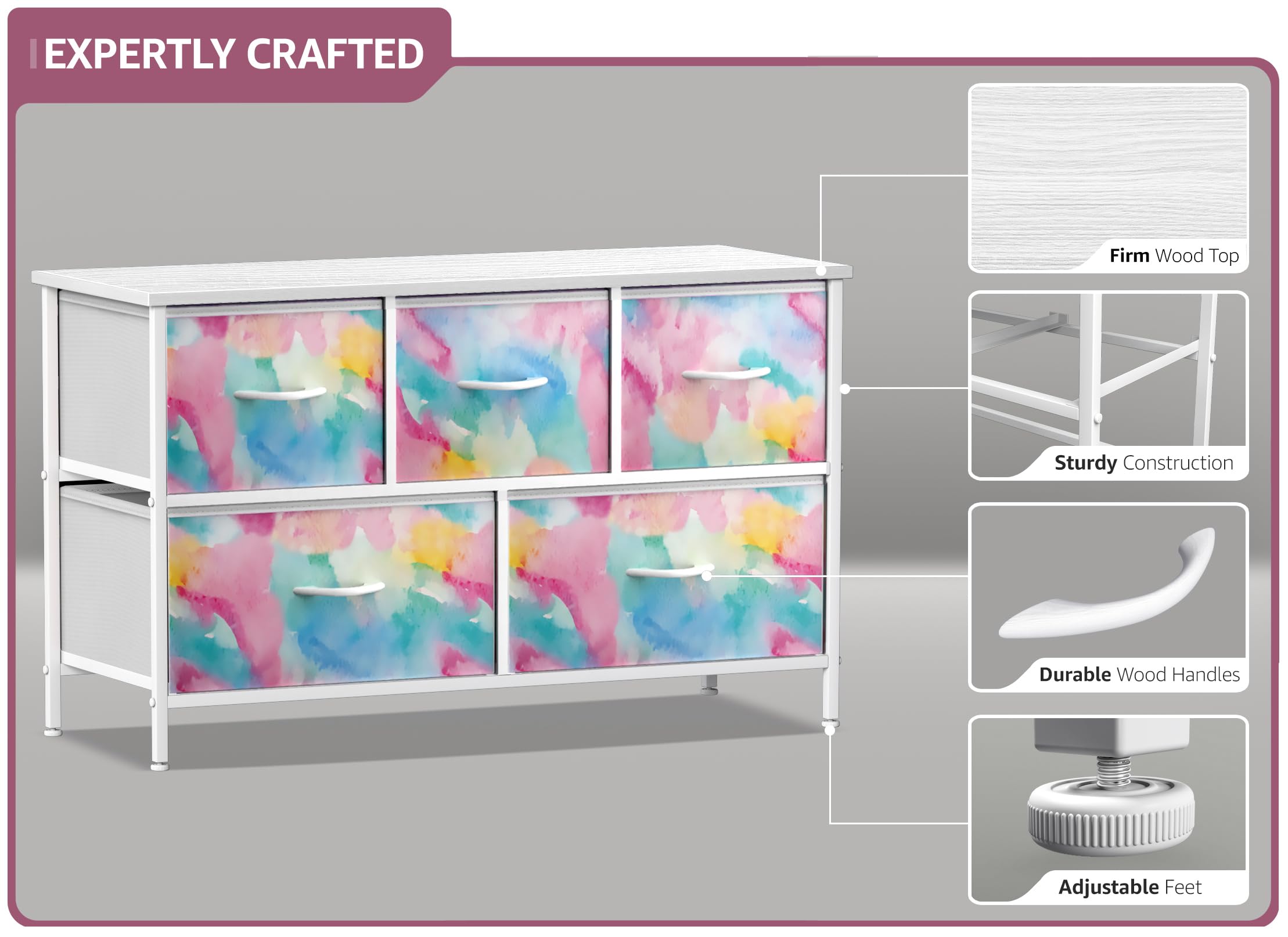 Sorbus Kids Dresser with 5 Drawers - Storage Chest Organizer Unit with Steel Frame, Wood Top, Easy Pull Fabric Bins - Long Wide TV Stand for Bedroom Furniture, Hallway, Closet & Office Organization - Image 4