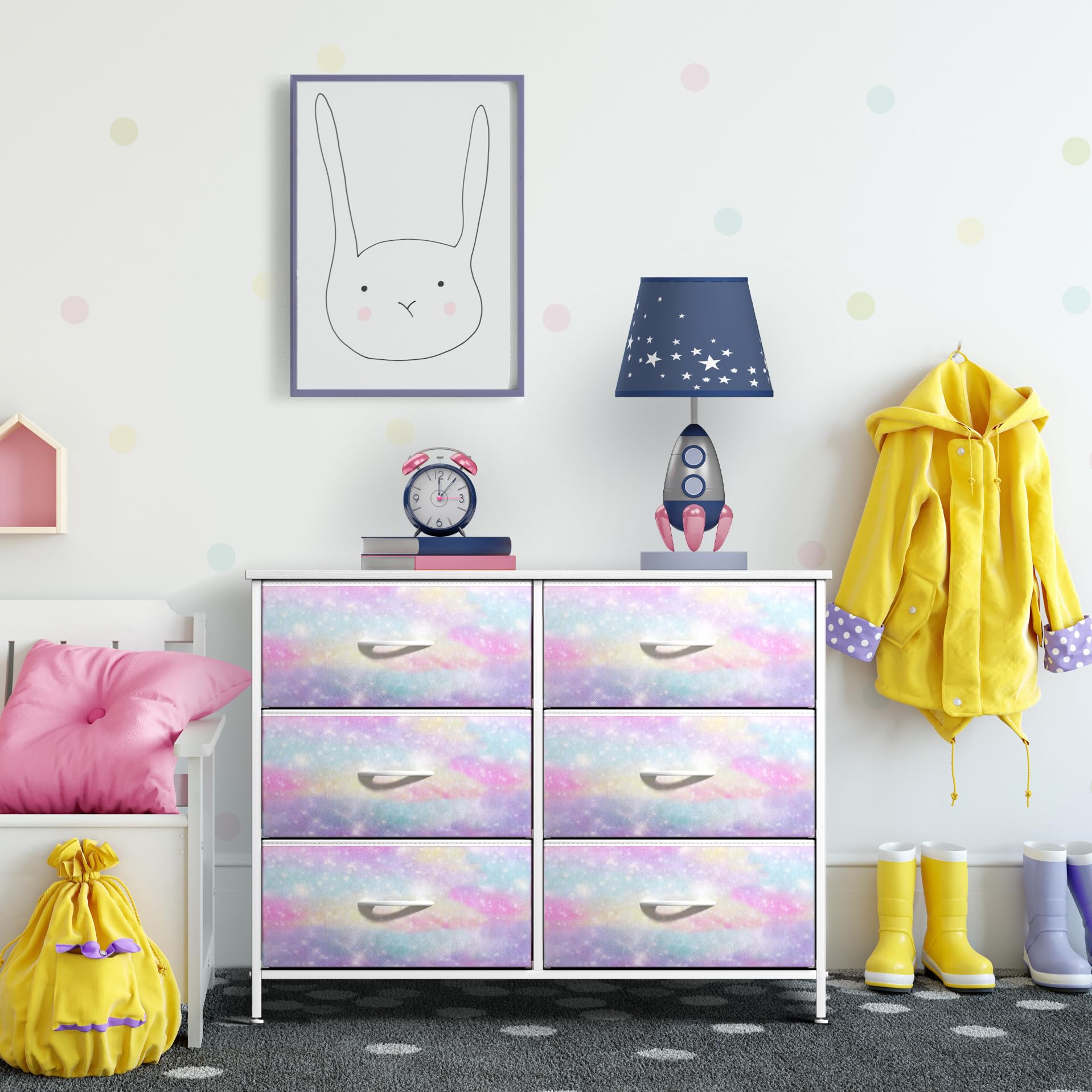 Sorbus Kids Dresser with 6 Drawers - Storage Chest Organizer Nightstand - Steel Frame, Wood Top, Tie-Dye Fabric Bins for Clothes - Wide Furniture for Bedroom, Hallway, Nursery, Closet, & Apartment - Image 5