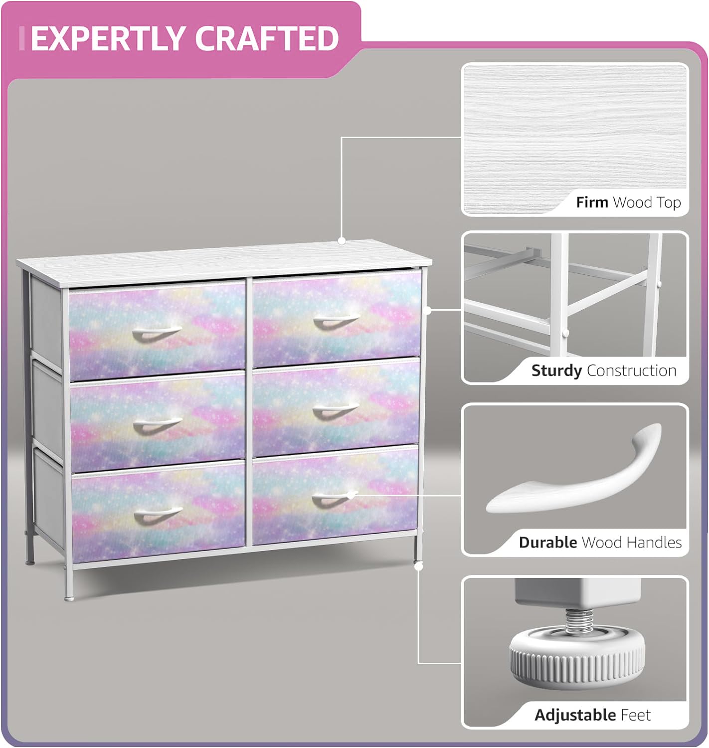 Sorbus Kids Dresser with 6 Drawers - Storage Chest Organizer Nightstand - Steel Frame, Wood Top, Tie-Dye Fabric Bins for Clothes - Wide Furniture for Bedroom, Hallway, Nursery, Closet, & Apartment - Image 6