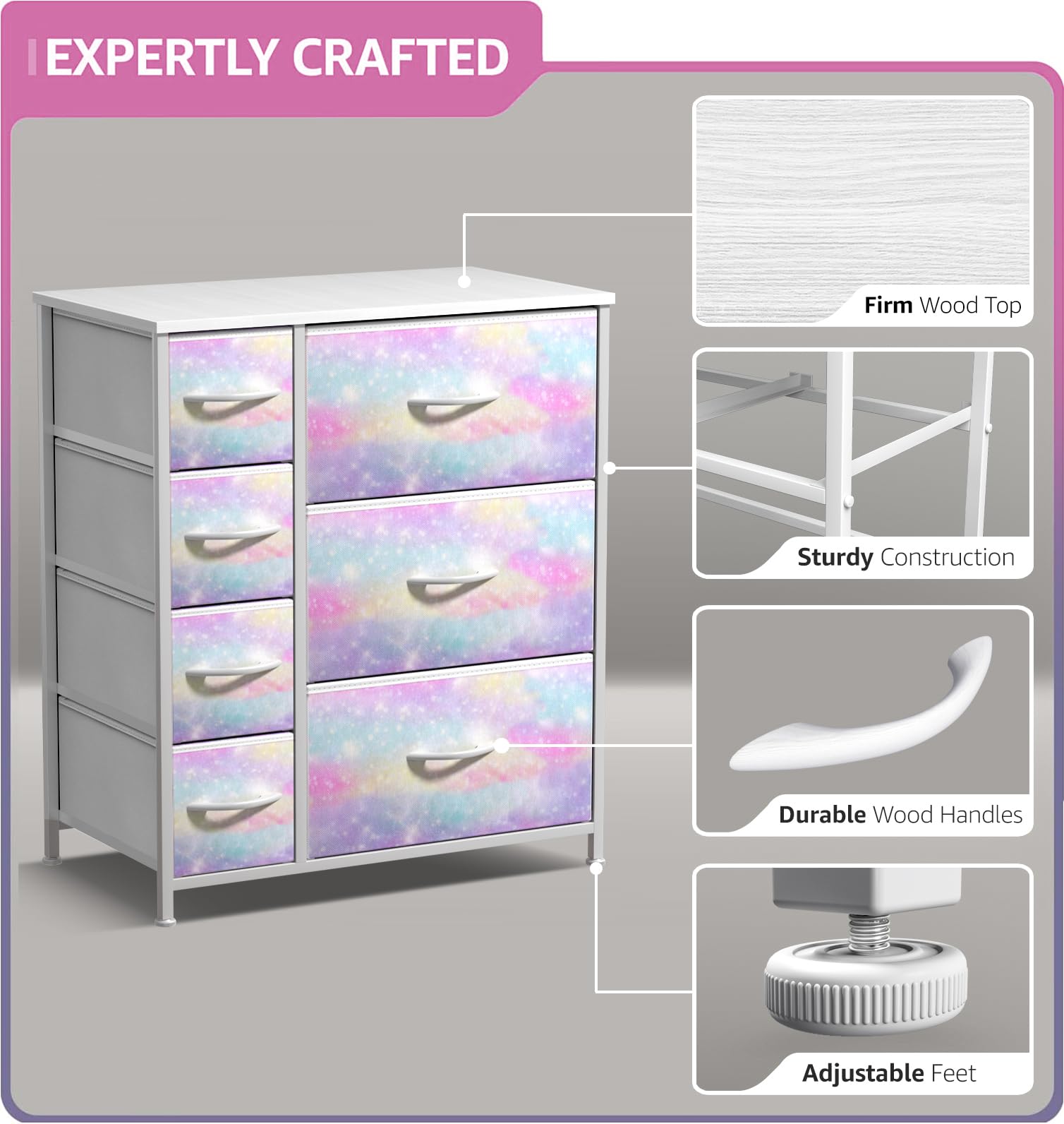 Sorbus Kids Dresser with 7 Drawers - Storage Chest Organizer Unit with Steel Frame, Wood Top & Handles, Tie-dye Fabric Bins for Clothes - Wide Furniture for Bedroom Hallway Kids Room Nursery & Closet - Image 4