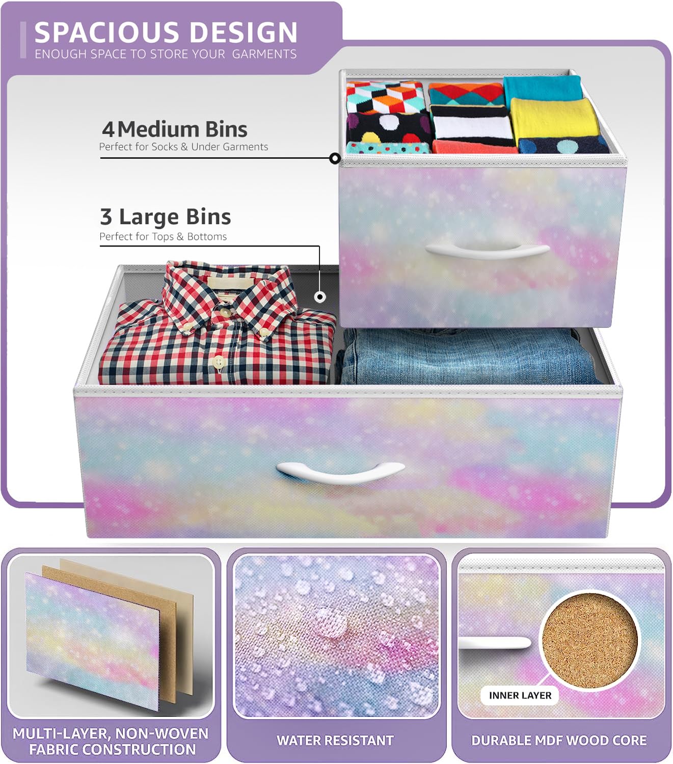 Sorbus Kids Dresser with 7 Drawers - Storage Chest Organizer Unit with Steel Frame, Wood Top & Handles, Tie-dye Fabric Bins for Clothes - Wide Furniture for Bedroom Hallway Kids Room Nursery & Closet - Image 5