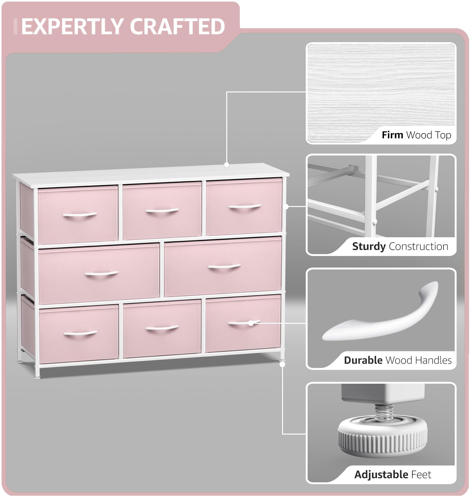 Sorbus Kids Dresser with 8 Drawers - Chest Organizer Unit with Steel Frame Wood Top & Handle, Fabric Bins for Clothes - Wide Furniture for Bedroom Hallway Kids Room Nursery & Closet - Image 4
