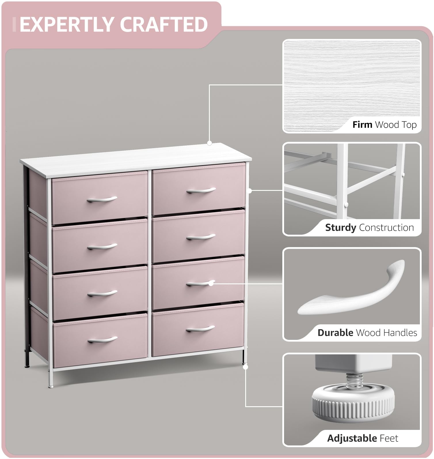 Sorbus Kids Dresser with 8 Drawers - Storage Unit Organizer Chest for Clothes - Bedroom, Kids Room, Nursery, & Closet (Pink, 31.5 x 12 x 32-8 Drawer) - Image 4