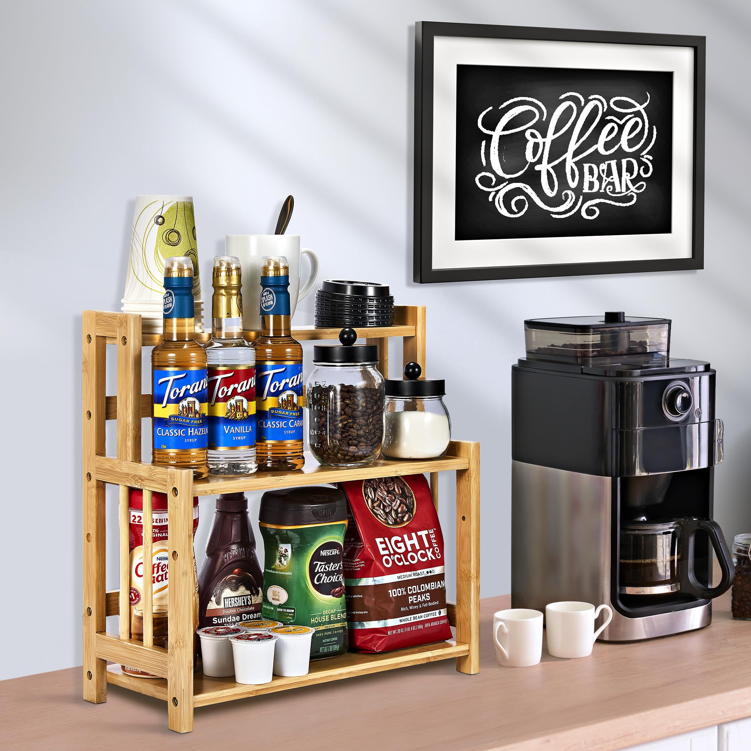 Sorbus Coffee Bar Organizer - Bamboo Wooden Storage Shelf for Kitchen Countertop - Coffee Station Accessories Rack for Mugs, Cream, Syrup, Cups, Spices, Kitchen Condiments (3-Tier) - Image 6