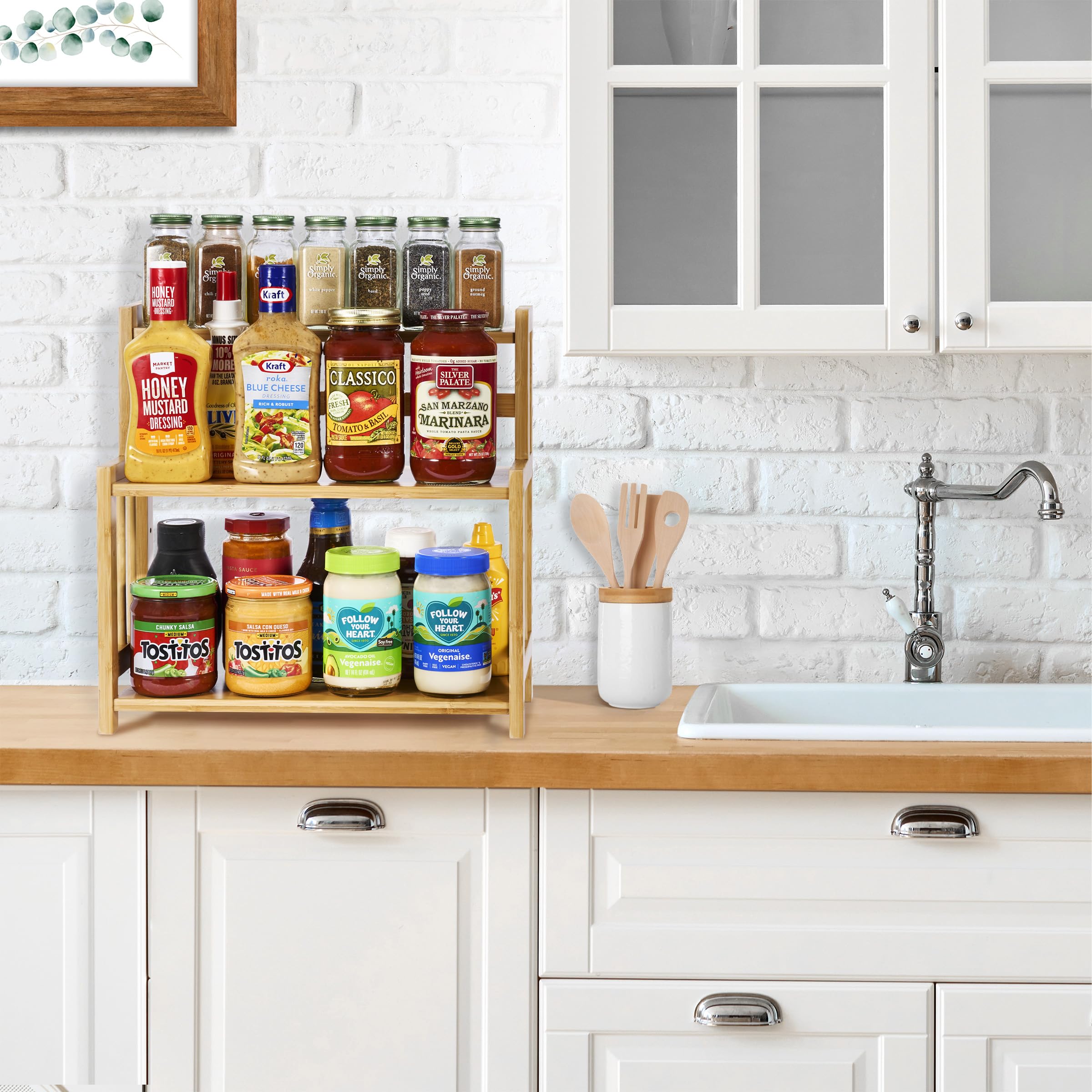 Sorbus Kitchen Countertop Organizer Bamboo Wooden Counter Storage Shelf Rack for Spice, Soap, Skin Care, Makeup Display Stand, Bathroom Shelves, Vanity, Office (3-Tier) - Image 5
