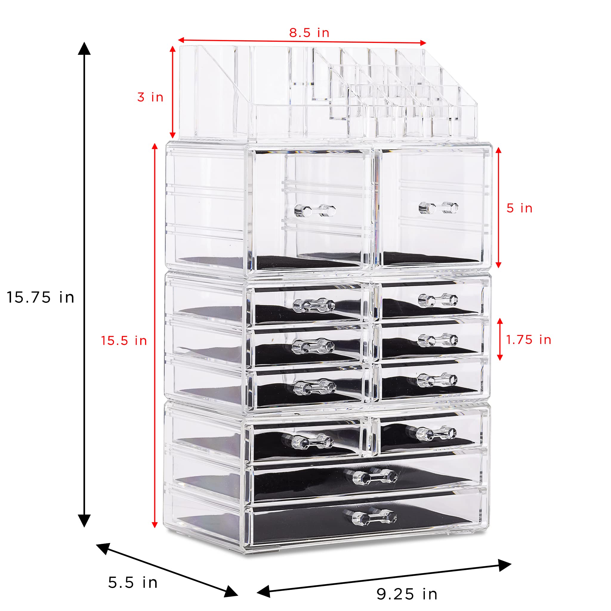 Sorbus Large Makeup Organizer - Clear Stackable Jewelry Makeup Organizer for Vanity, Bathroom Storage Display Case - 12 Drawers Cosmetic Beauty Organizers and Storage with Lipstick Makeup Brush Holder - Image 3