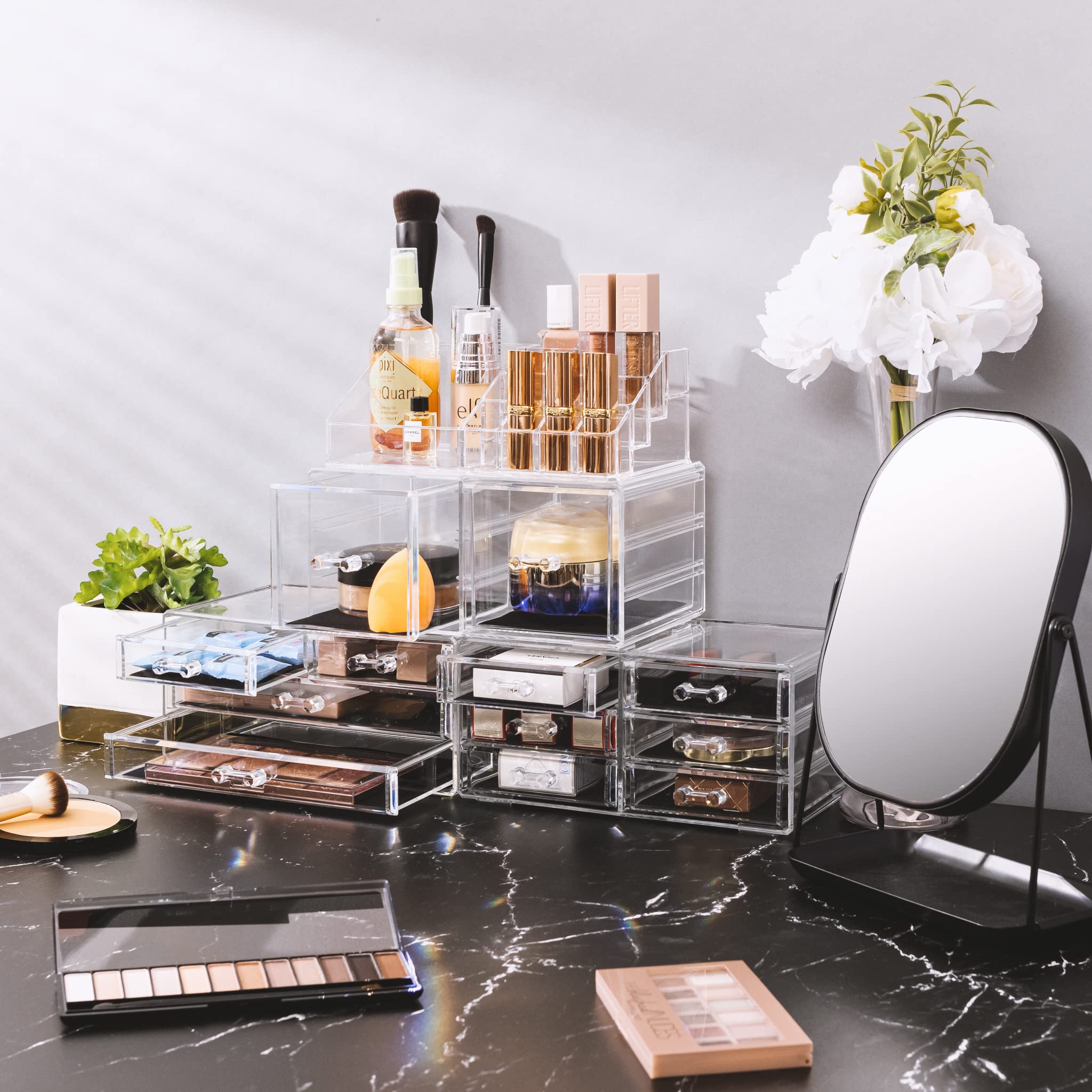 Sorbus Large Makeup Organizer - Clear Stackable Jewelry Makeup Organizer for Vanity, Bathroom Storage Display Case - 12 Drawers Cosmetic Beauty Organizers and Storage with Lipstick Makeup Brush Holder - Image 4