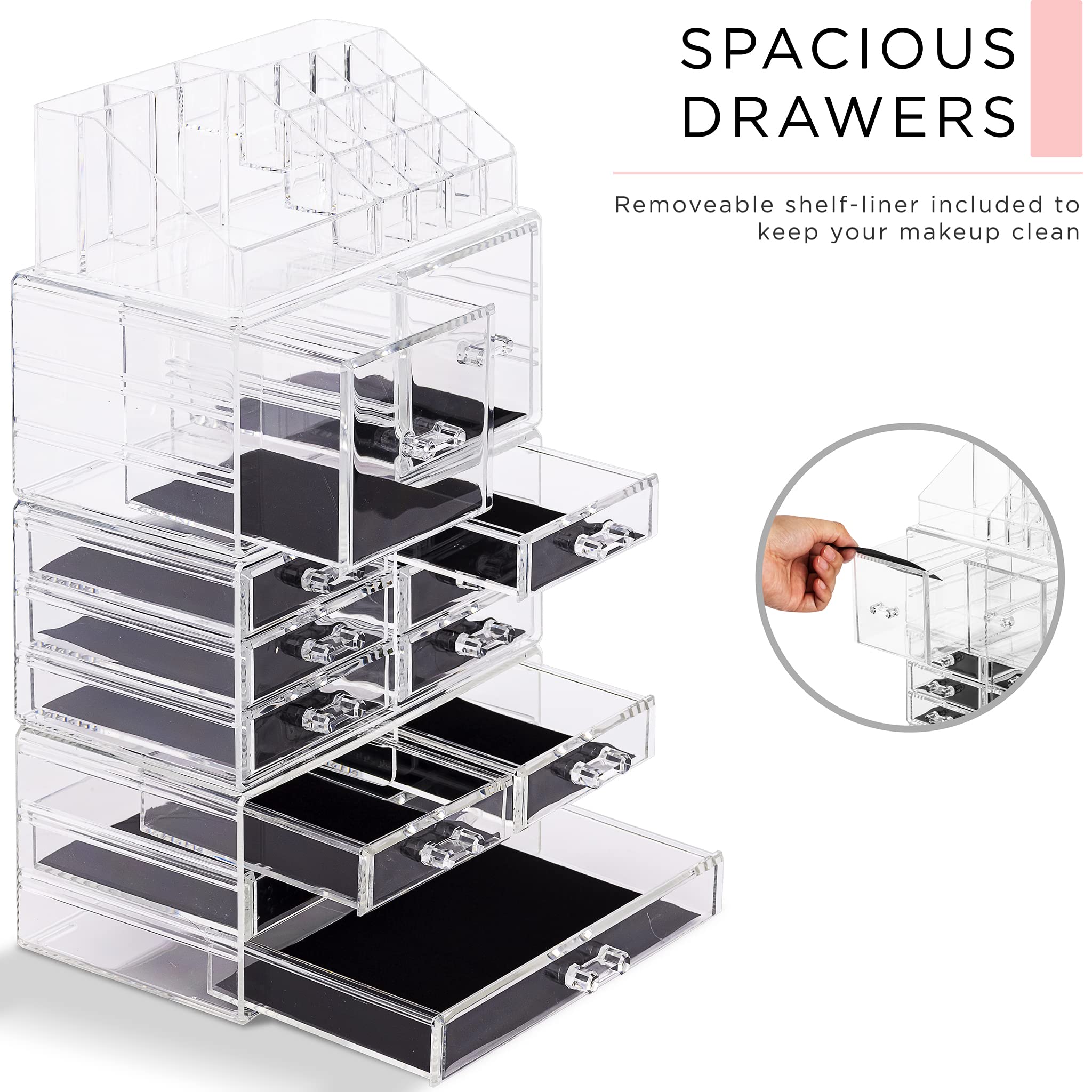 Sorbus Large Makeup Organizer - Clear Stackable Jewelry Makeup Organizer for Vanity, Bathroom Storage Display Case - 12 Drawers Cosmetic Beauty Organizers and Storage with Lipstick Makeup Brush Holder - Image 5
