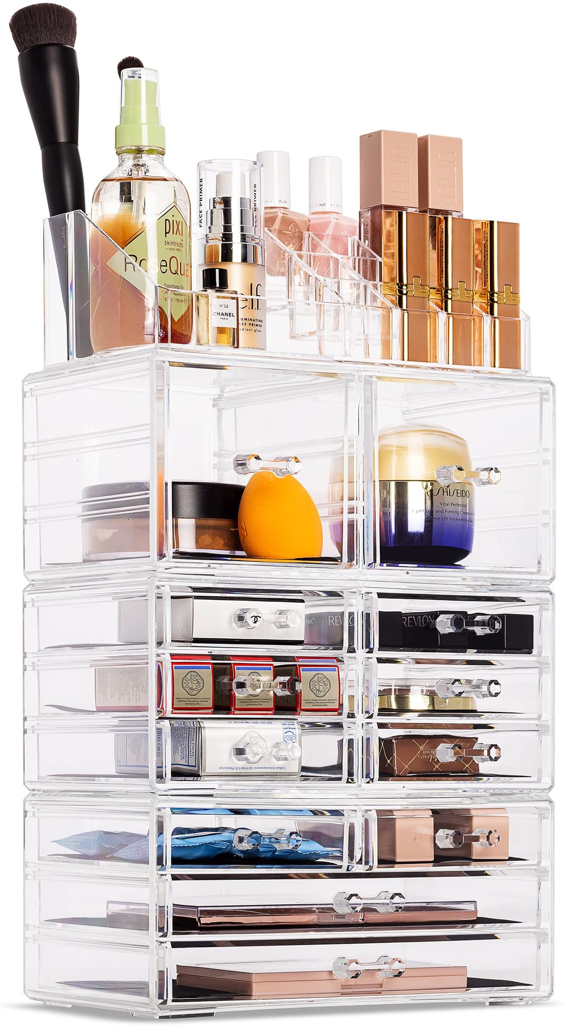 Sorbus Large Makeup Organizer - Clear Stackable Jewelry Makeup Organizer for Vanity, Bathroom Storage Display Case - 12 Drawers Cosmetic Beauty Organizers and Storage with Lipstick Makeup Brush Holder - Image 8