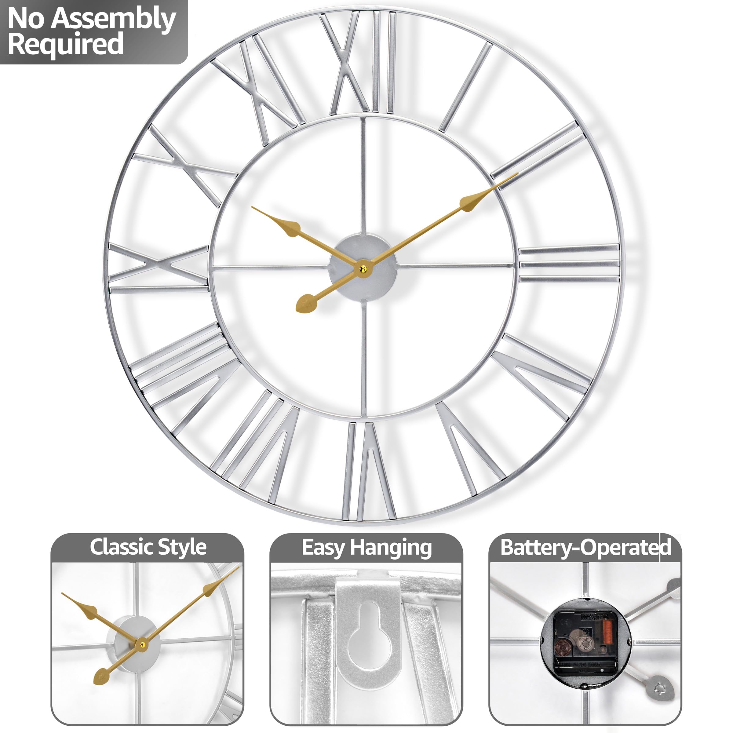 Sorbus Large Wall Clock for Living Room Decor - 24 inch Big Wall Clock Decorative - Battery Operated - Roman Numeral Analog Large Clock for Bedroom, Room, Home, Kitchen, Office, Wall Decor (Silver) - Image 4