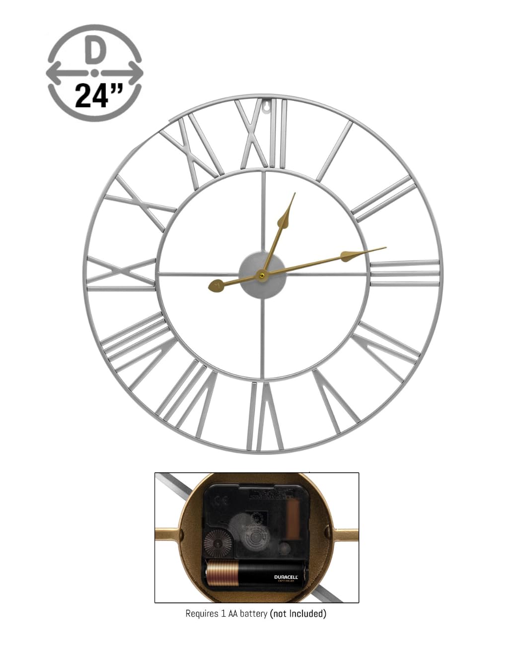 Sorbus Large Wall Clock for Living Room Decor - 24 inch Big Wall Clock Decorative - Battery Operated - Roman Numeral Analog Large Clock for Bedroom, Room, Home, Kitchen, Office, Wall Decor (Silver) - Image 8
