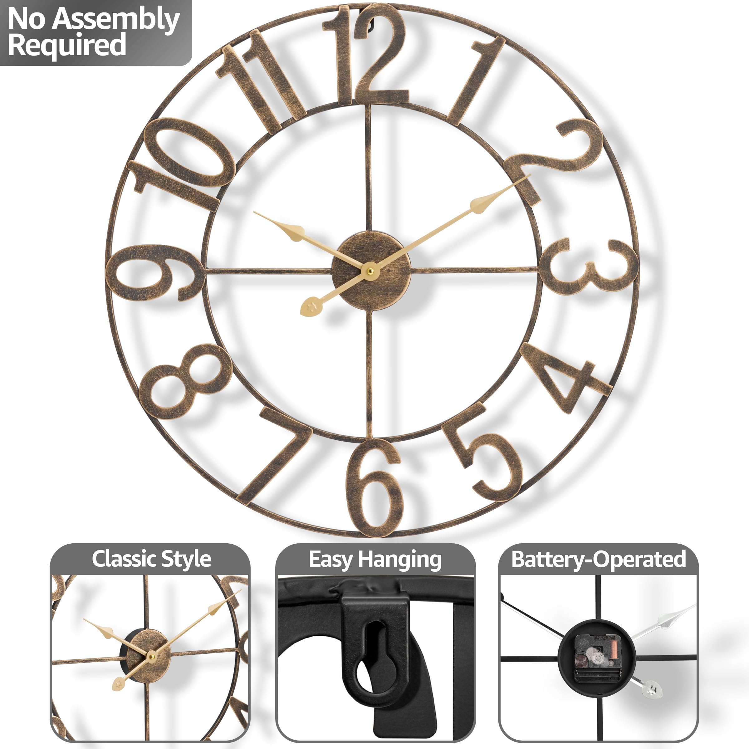 Sorbus Large Wall Clock for Living Room Decor - Wall Clock for Kitchen - 32 inch Big Wall Clock Decorative - Metal Wall Art - Analog Large Clock for Bedroom, Home, Kitchen, Office, Wall Decor (Bronze) - Image 6