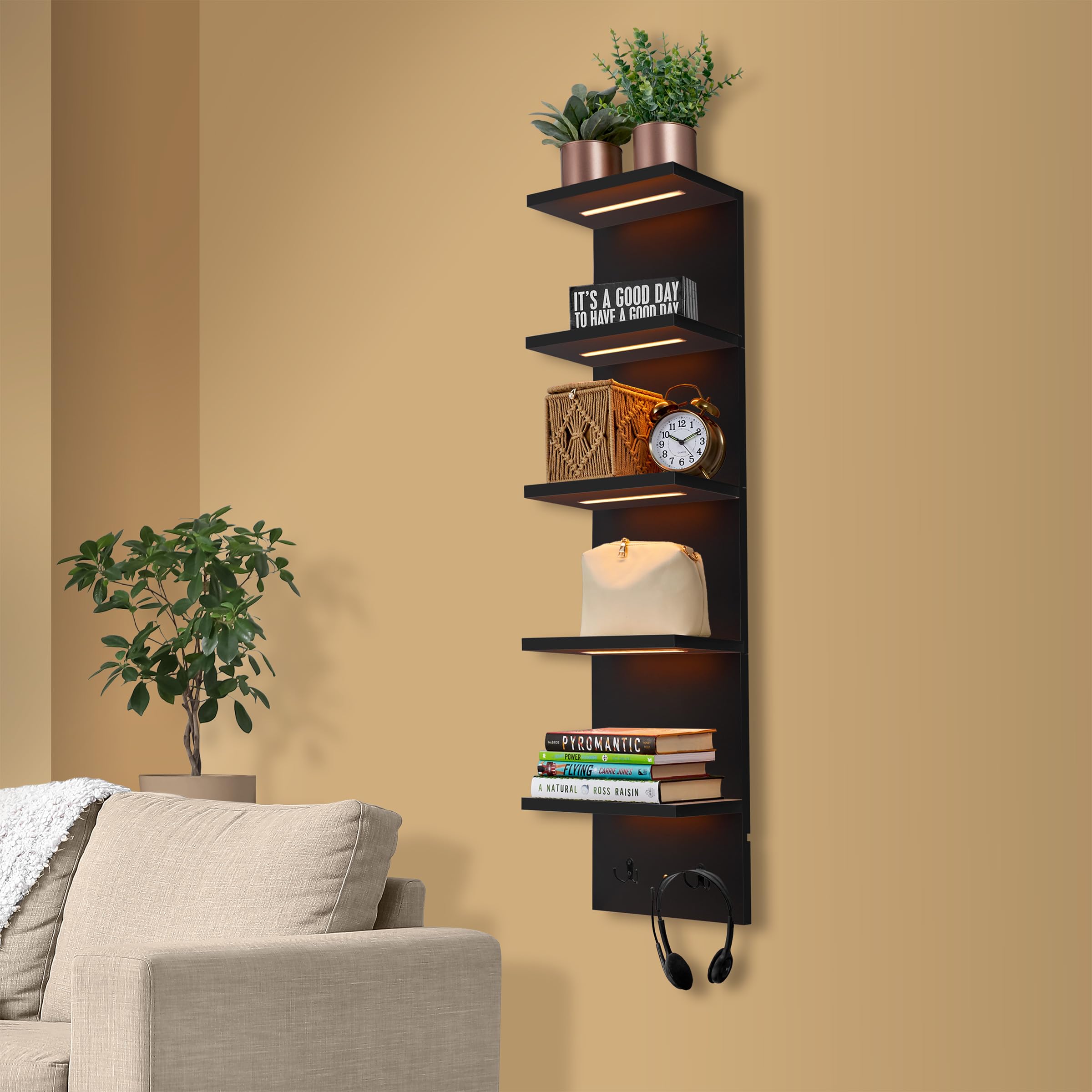 Sorbus LED Light Display Shelf - Vertical 5 Tier Wall Shelf Unit with 2 Hooks, Column Utility Shelving for Home Decor, Wall-Mounted Floating Shelves for Bathroom, Bedroom, Vanity, Figurine Display
