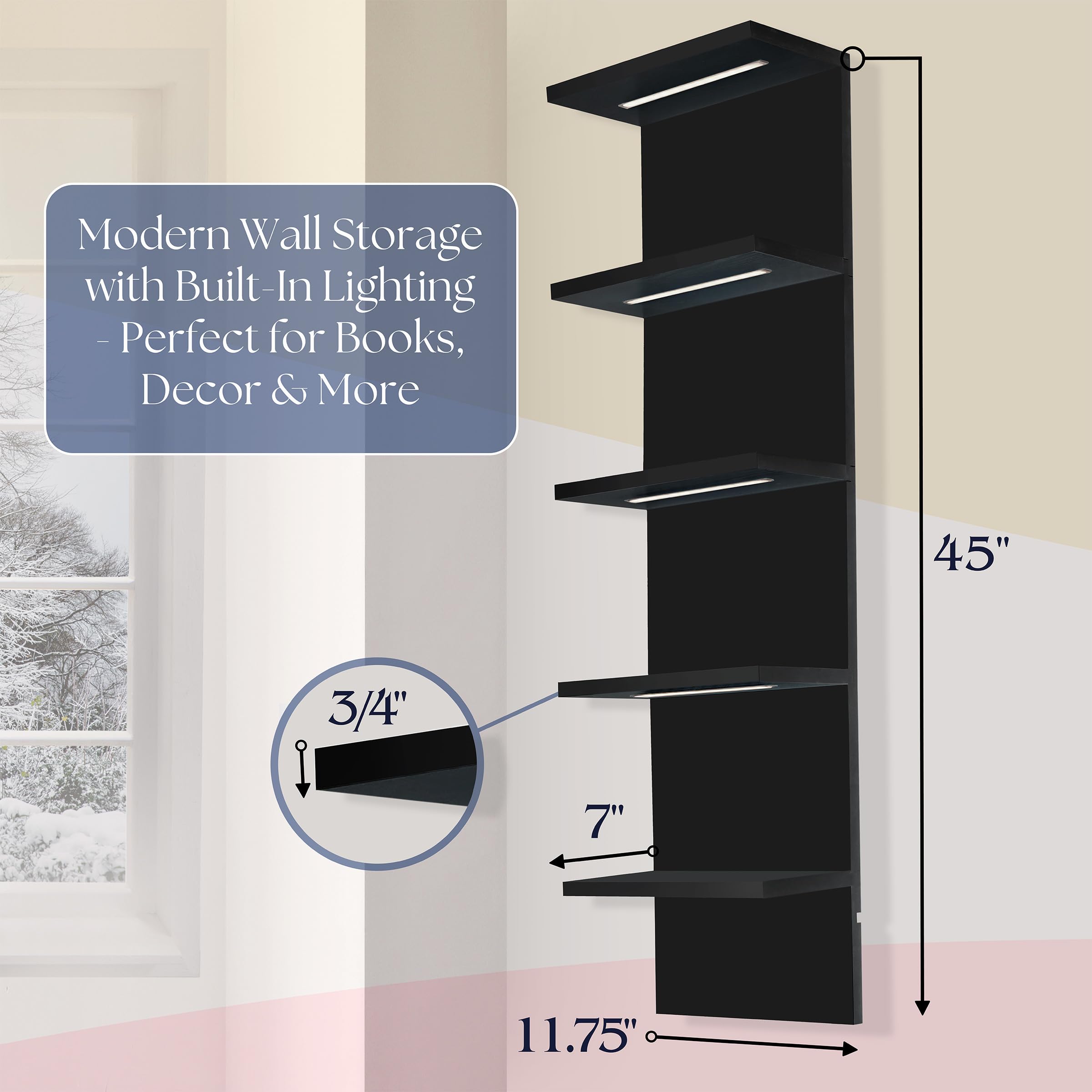 Sorbus LED Light Display Shelf - Vertical 5 Tier Wall Shelf Unit with 2 Hooks, Column Utility Shelving for Home Decor, Wall-Mounted Floating Shelves for Bathroom, Bedroom, Vanity, Figurine Display - Image 2