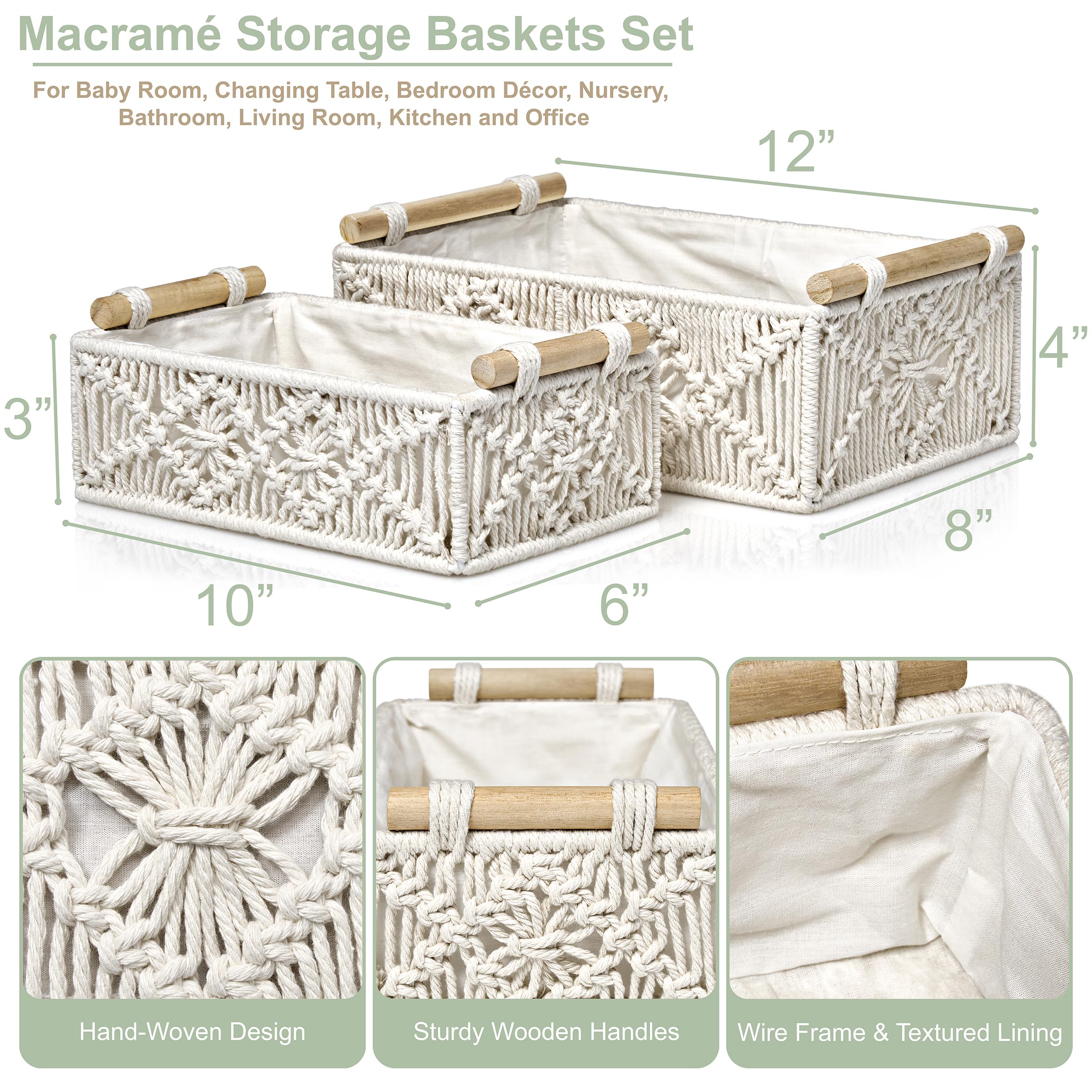 Sorbus Macrame Boho Decor Baskets - 2 Decorative Gift Baskets for Nursery, Baby Room, Toilet Tank Top - Lined Baby Basket Set for Organizing Changing Station, Linens, Clothes, Diapers, Toiletries - Image 3