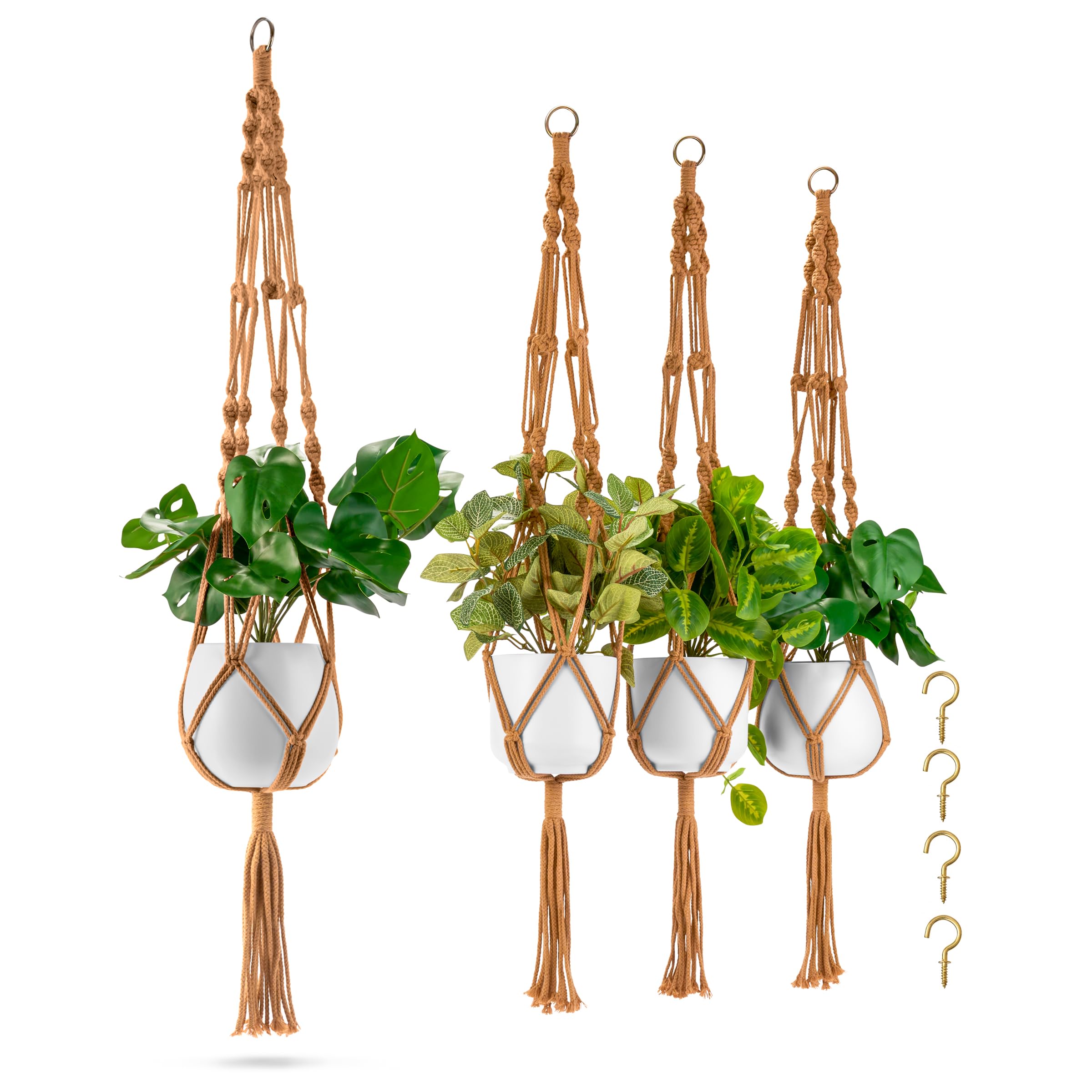 Sorbus Macrame Plant Hanger (4 Pack) Indoor Outdoor Hanging Plant Pots Cotton Rope, Elegant for Home, Patio, Garden (Brown)