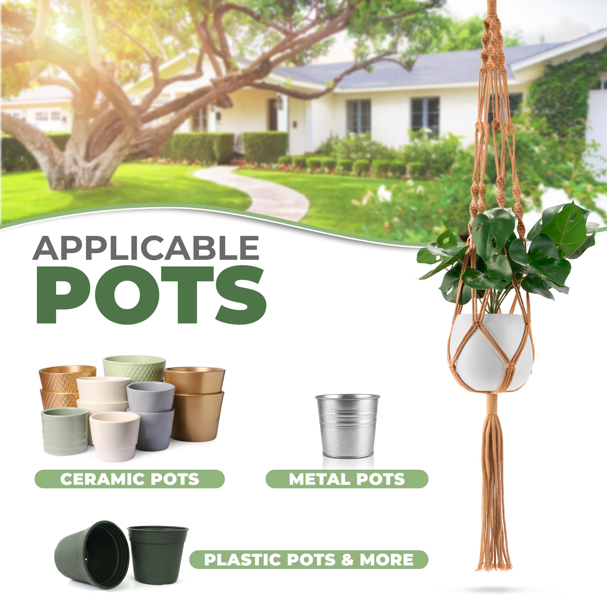 Sorbus Macrame Plant Hanger (4 Pack) Indoor Outdoor Hanging Plant Pots Cotton Rope, Elegant for Home, Patio, Garden (Brown) - Image 2