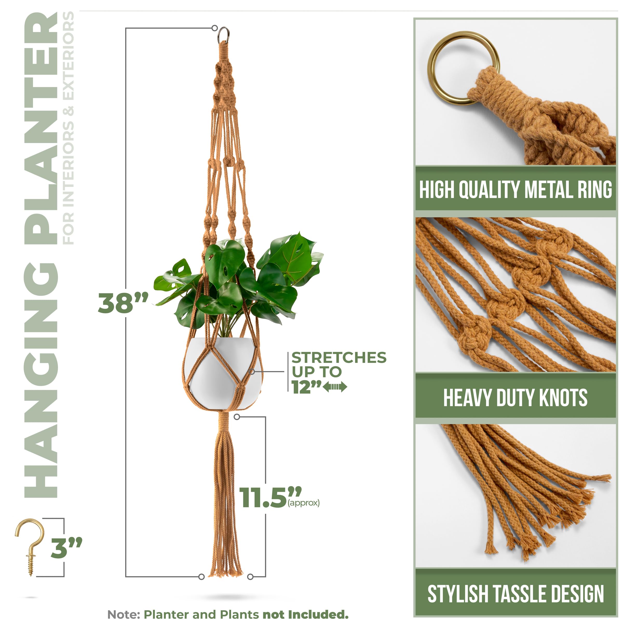 Sorbus Macrame Plant Hanger (4 Pack) Indoor Outdoor Hanging Plant Pots Cotton Rope, Elegant for Home, Patio, Garden (Brown) - Image 4