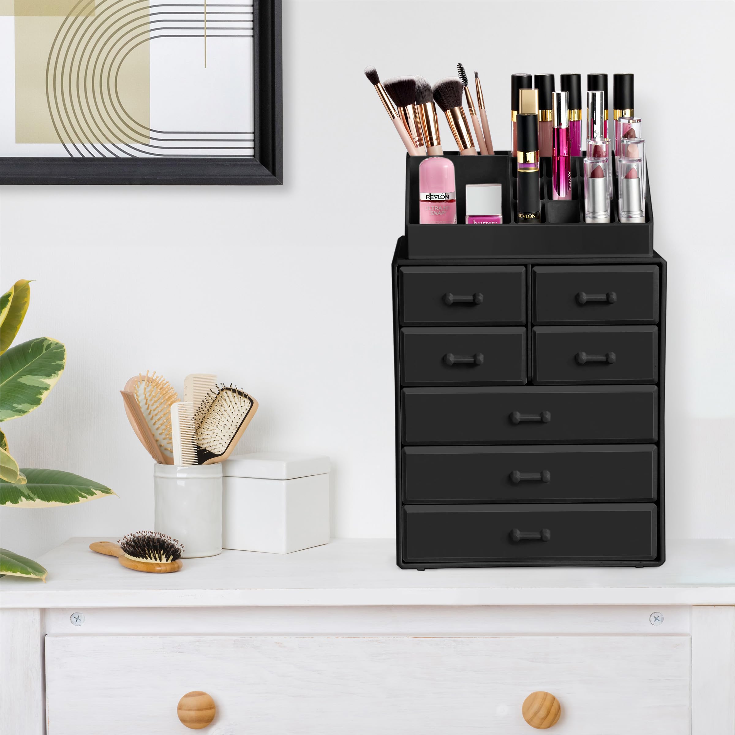 Sorbus Makeup Organizer, Brush Holder and Make Up Storage Drawers - Acrylic Makeup organizer for vanity, Bathroom - Cosmetic Display Cases with 3 large, 4 Small Drawers & 1 Tray for Makeup Brush - Image 3