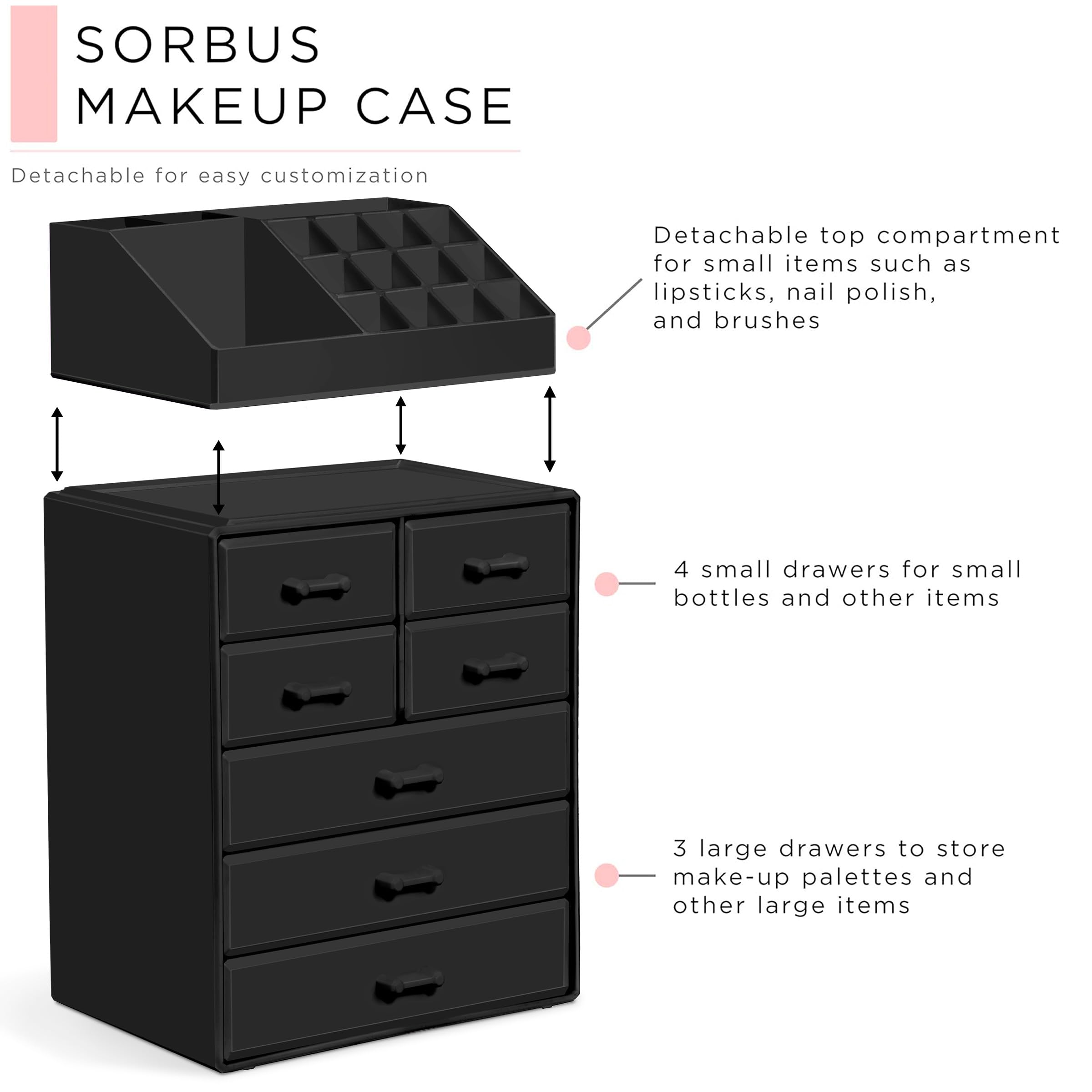 Sorbus Makeup Organizer, Brush Holder and Make Up Storage Drawers - Acrylic Makeup organizer for vanity, Bathroom - Cosmetic Display Cases with 3 large, 4 Small Drawers & 1 Tray for Makeup Brush - Image 4