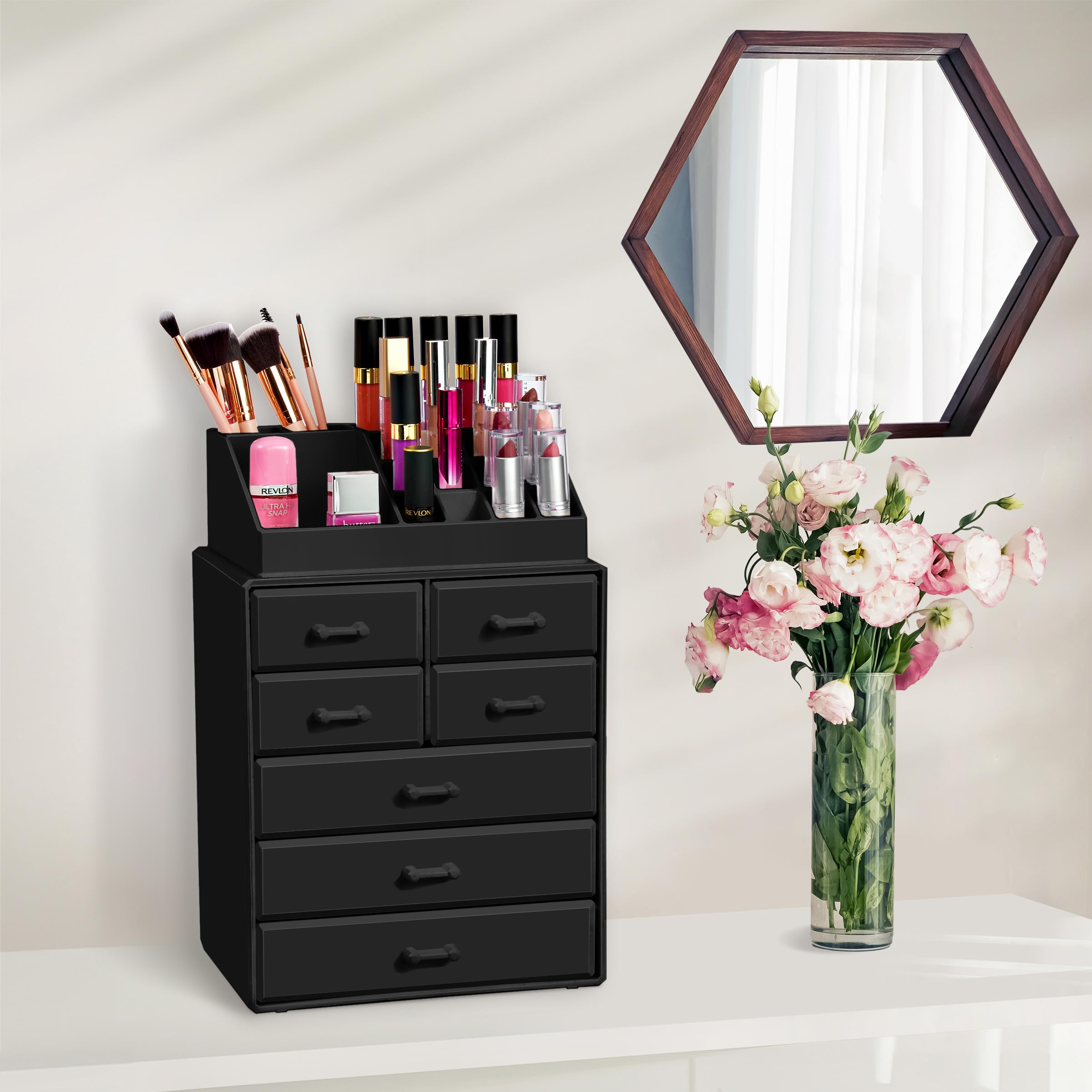 Sorbus Makeup Organizer, Brush Holder and Make Up Storage Drawers - Acrylic Makeup organizer for vanity, Bathroom - Cosmetic Display Cases with 3 large, 4 Small Drawers & 1 Tray for Makeup Brush - Image 5