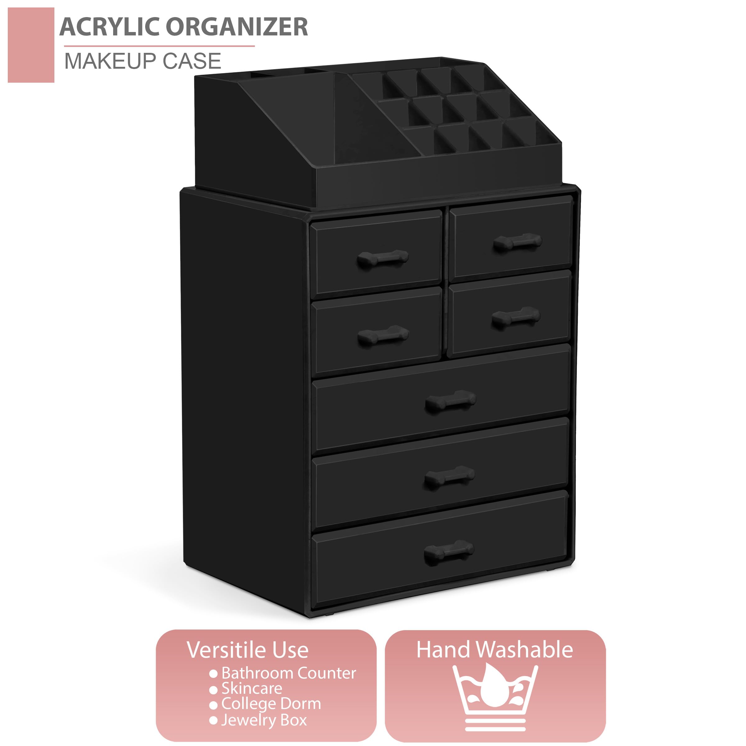 Sorbus Makeup Organizer, Brush Holder and Make Up Storage Drawers - Acrylic Makeup organizer for vanity, Bathroom - Cosmetic Display Cases with 3 large, 4 Small Drawers & 1 Tray for Makeup Brush - Image 6