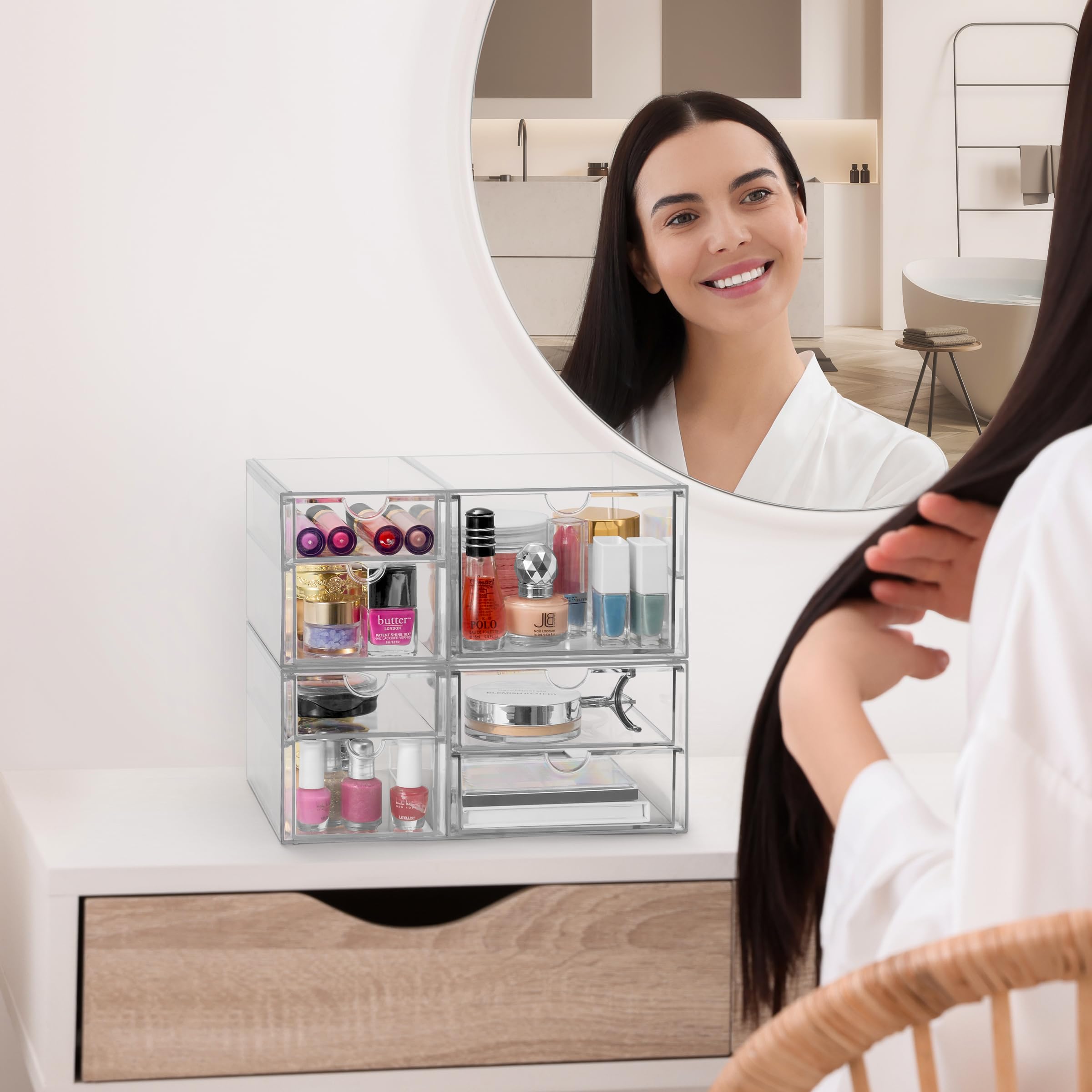 Sorbus Makeup Organizer With 7 Drawers, Acrylic Drawer Organizer for Makeup, Office Organization and Storage, Art Supplies, Jewelry, Stationary - 2 Pcs Clear Stackable Storage Bins Organizer Drawers - Image 4