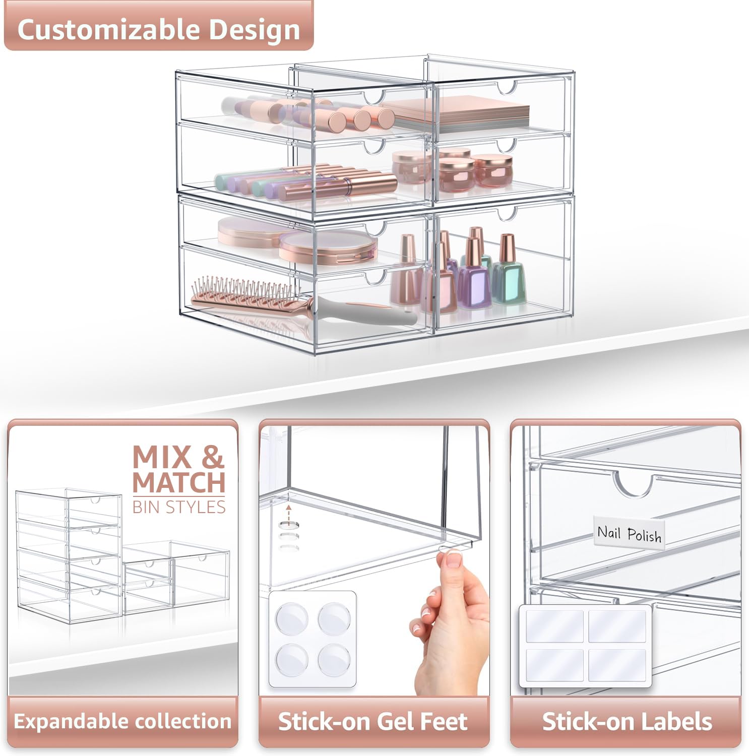 Sorbus Makeup Organizer With 7 Drawers, Acrylic Drawer Organizer for Makeup, Office Organization and Storage, Art Supplies, Jewelry, Stationary - 2 Pcs Clear Stackable Storage Bins Organizer Drawers - Image 5