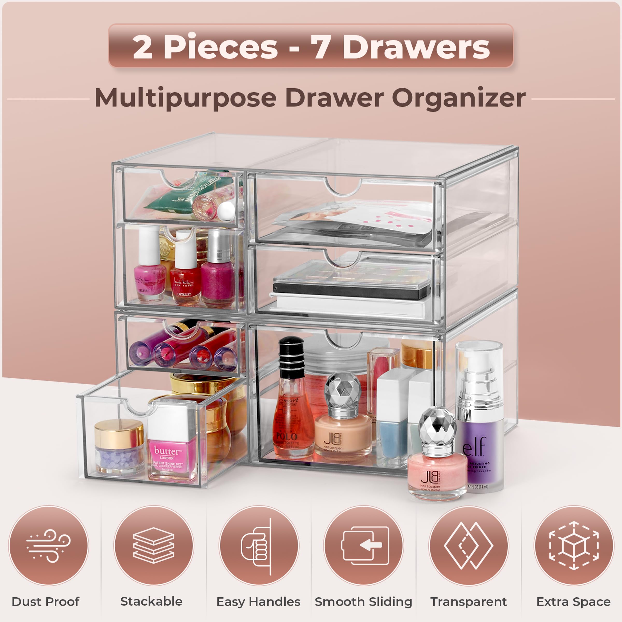 Sorbus Makeup Organizer With 7 Drawers, Acrylic Drawer Organizer for Makeup, Office Organization and Storage, Art Supplies, Jewelry, Stationary - 2 Pcs Clear Stackable Storage Bins Organizer Drawers - Image 6