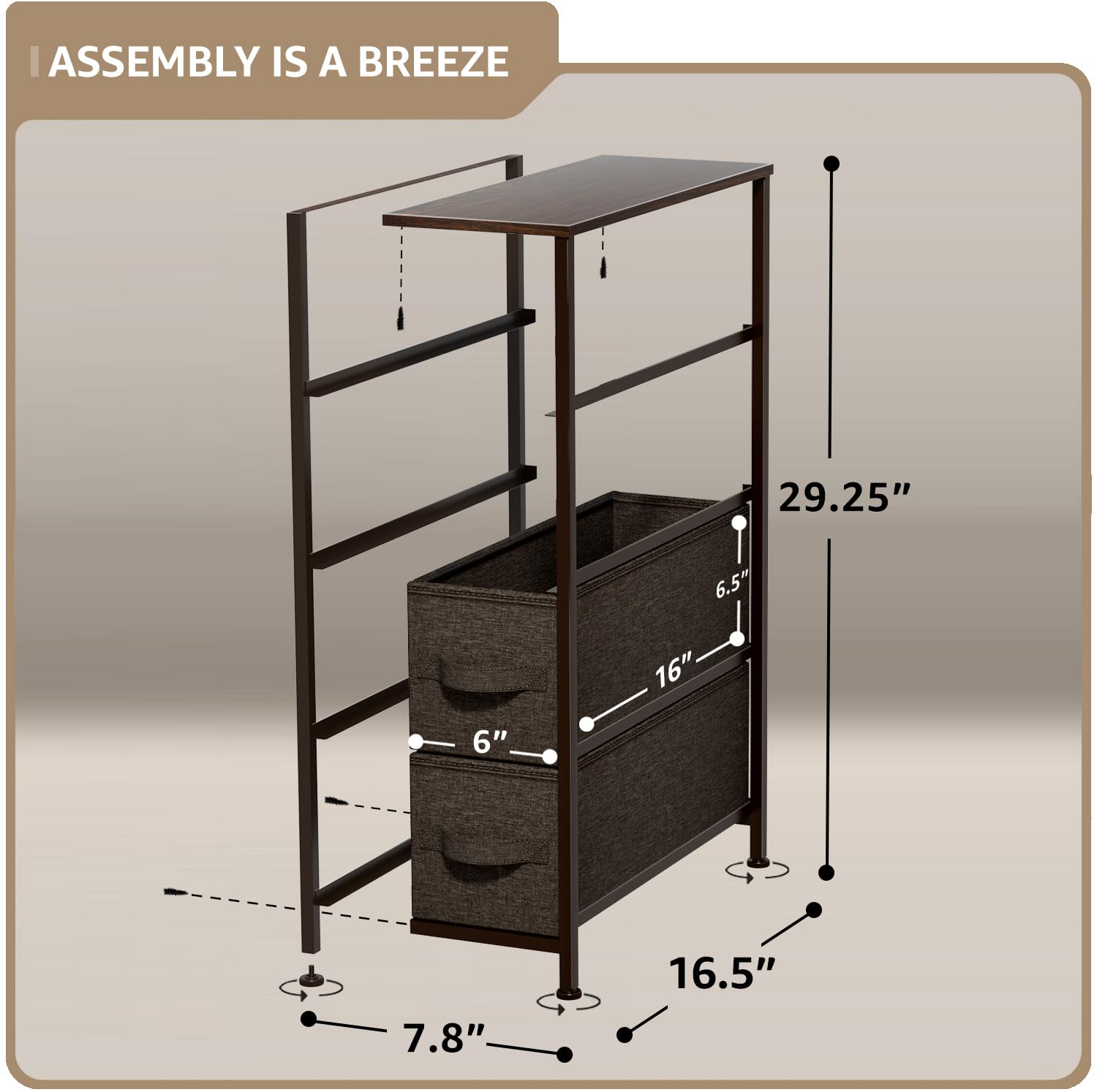 Sorbus Narrow Dresser with 4 Drawers - Vertical Slim Storage Chest of Drawers with Steel Frame, Wood Top & Easy Pull Fabric Bins for Small Spaces, Closets, Bedroom, Bathroom & Laundry (Brown) - Image 3