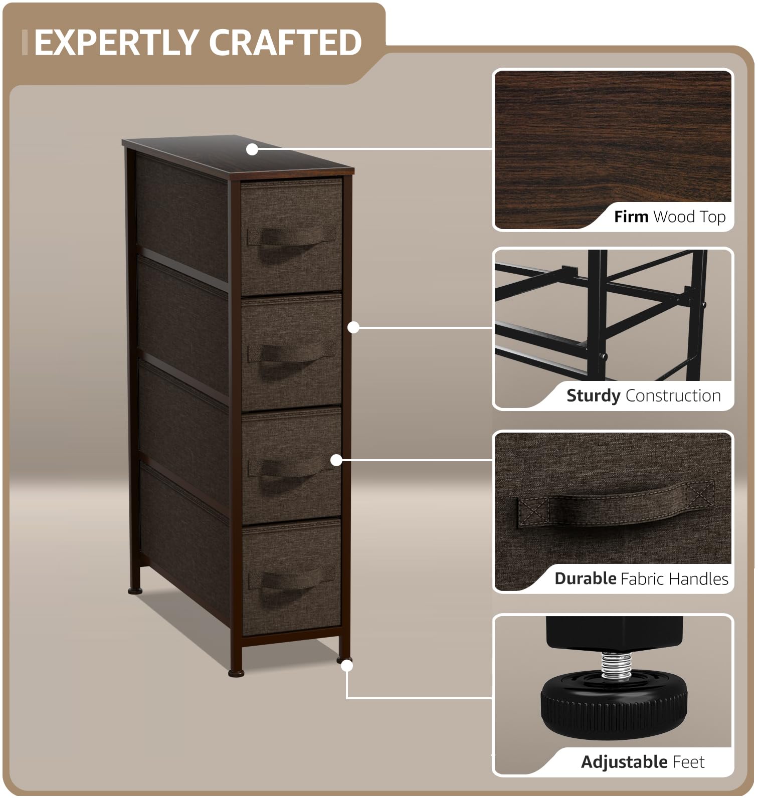 Sorbus Narrow Dresser with 4 Drawers - Vertical Slim Storage Chest of Drawers with Steel Frame, Wood Top & Easy Pull Fabric Bins for Small Spaces, Closets, Bedroom, Bathroom & Laundry (Brown) - Image 4