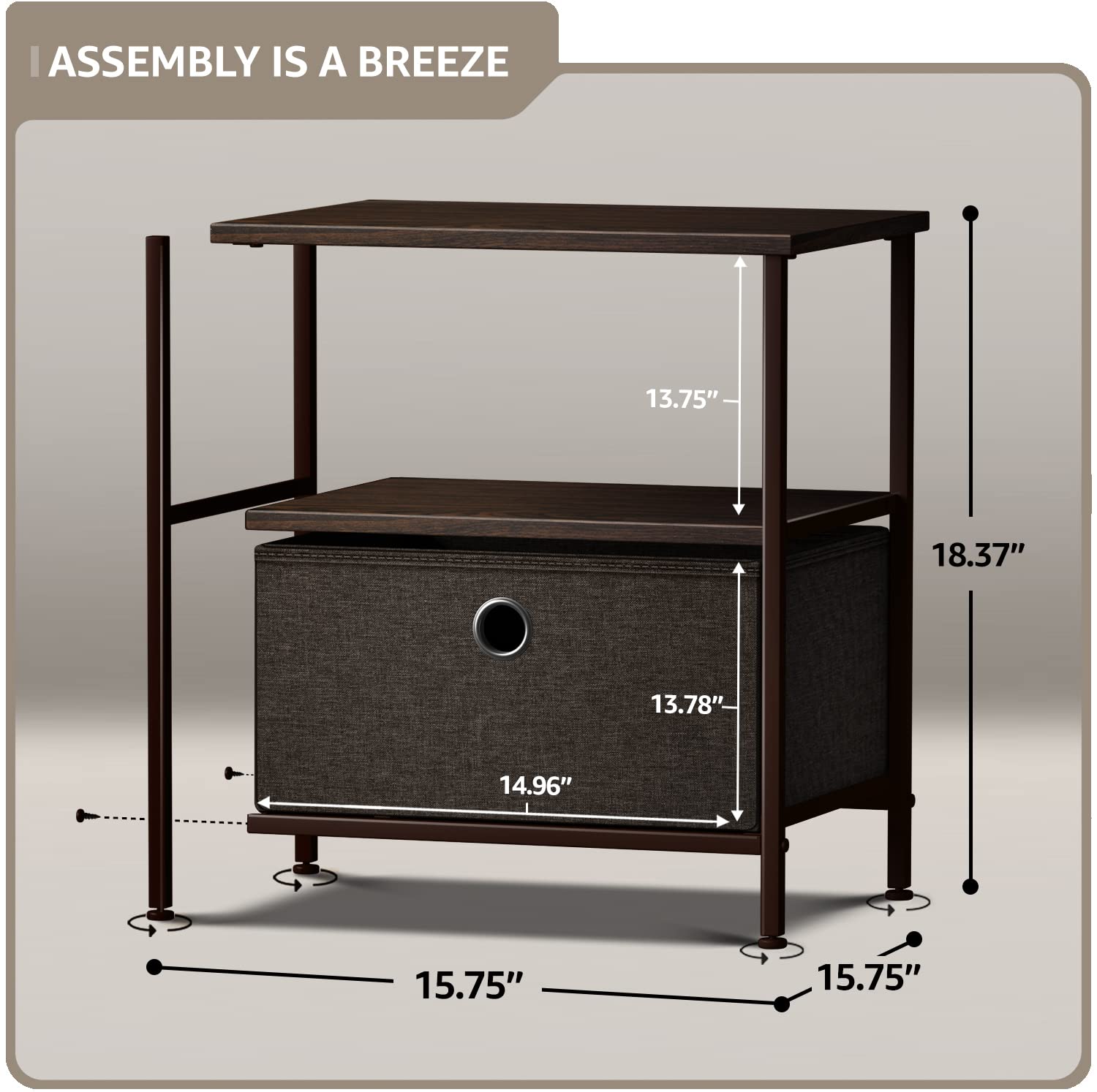 Sorbus Nightstand 1-Drawer Shelf Storage - Bedside Furniture & End Table Chest Dresser with Steel Frame, Wood Top & Easy Pull Fabric Bins for Home, Bedroom, Closets, Bathroom, Office & College Dorm - Image 3