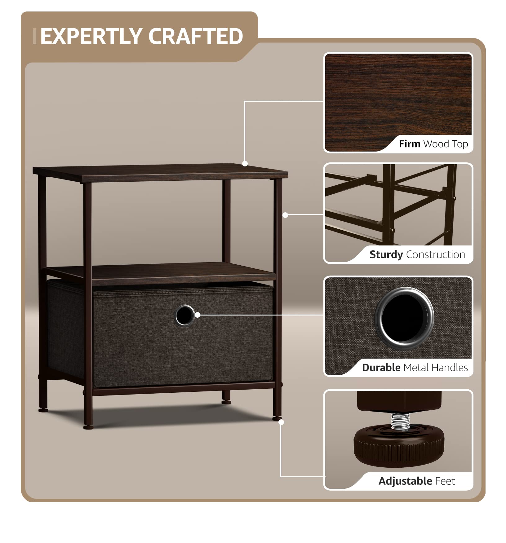 Sorbus Nightstand 1-Drawer Shelf Storage - Bedside Furniture & End Table Chest Dresser with Steel Frame, Wood Top & Easy Pull Fabric Bins for Home, Bedroom, Closets, Bathroom, Office & College Dorm - Image 4