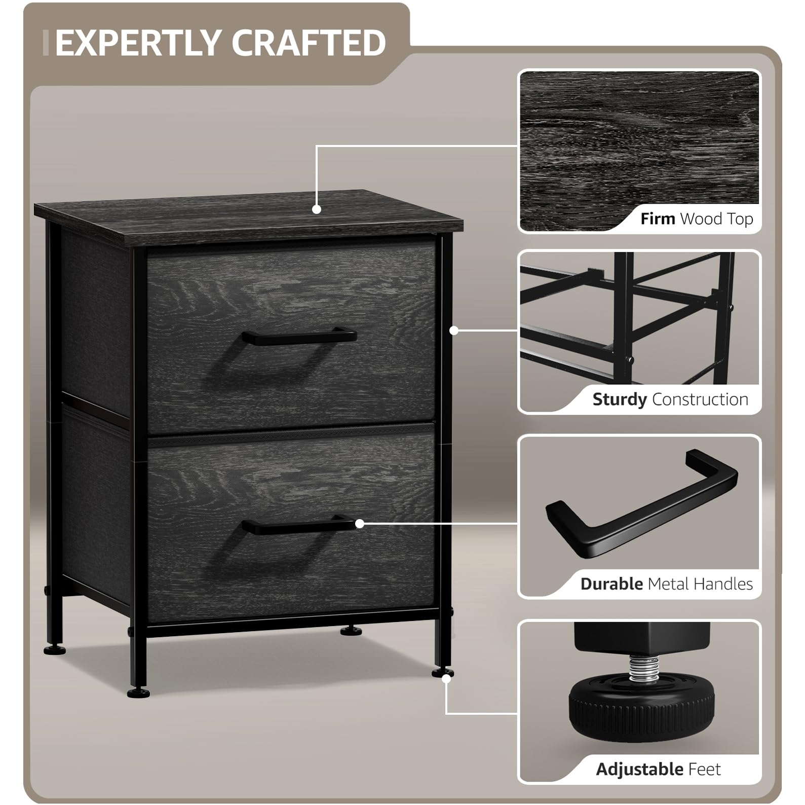 Sorbus Nightstand Dresser with 2 Faux Wood Drawers - Bedside Table Chest with Storage Bedroom, Living Room, Closet & Dorm Furniture Lamp Stand - Steel Frame, Wood Top, Easy Pull Fabric Bins - Image 4