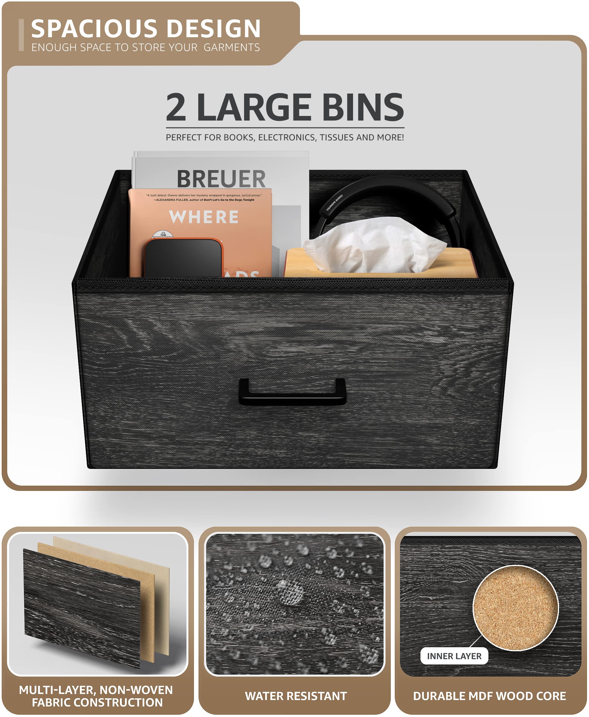 Sorbus Nightstand Dresser with 2 Faux Wood Drawers - Bedside Table Chest with Storage Bedroom, Living Room, Closet & Dorm Furniture Lamp Stand - Steel Frame, Wood Top, Easy Pull Fabric Bins - Image 6