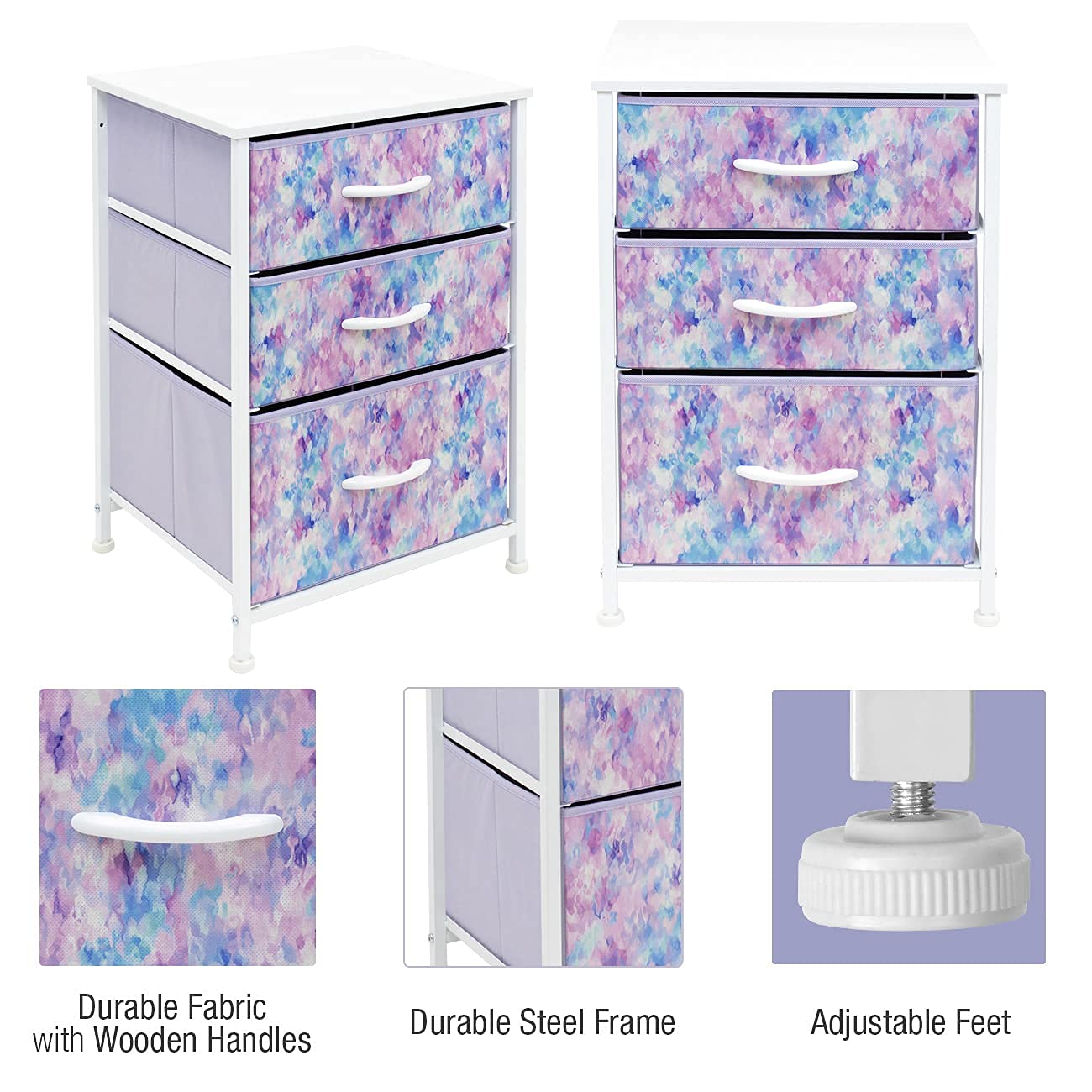 Sorbus Nightstand Storage Organizer with 3 Drawers - Kids Girls, Boys Bedroom Furniture Storage Chest for Clothes, Closet Organization - Steel Frame, Wood Top, Tie-dye Fabric Bin (Blue/Pink/Purple) - Image 4