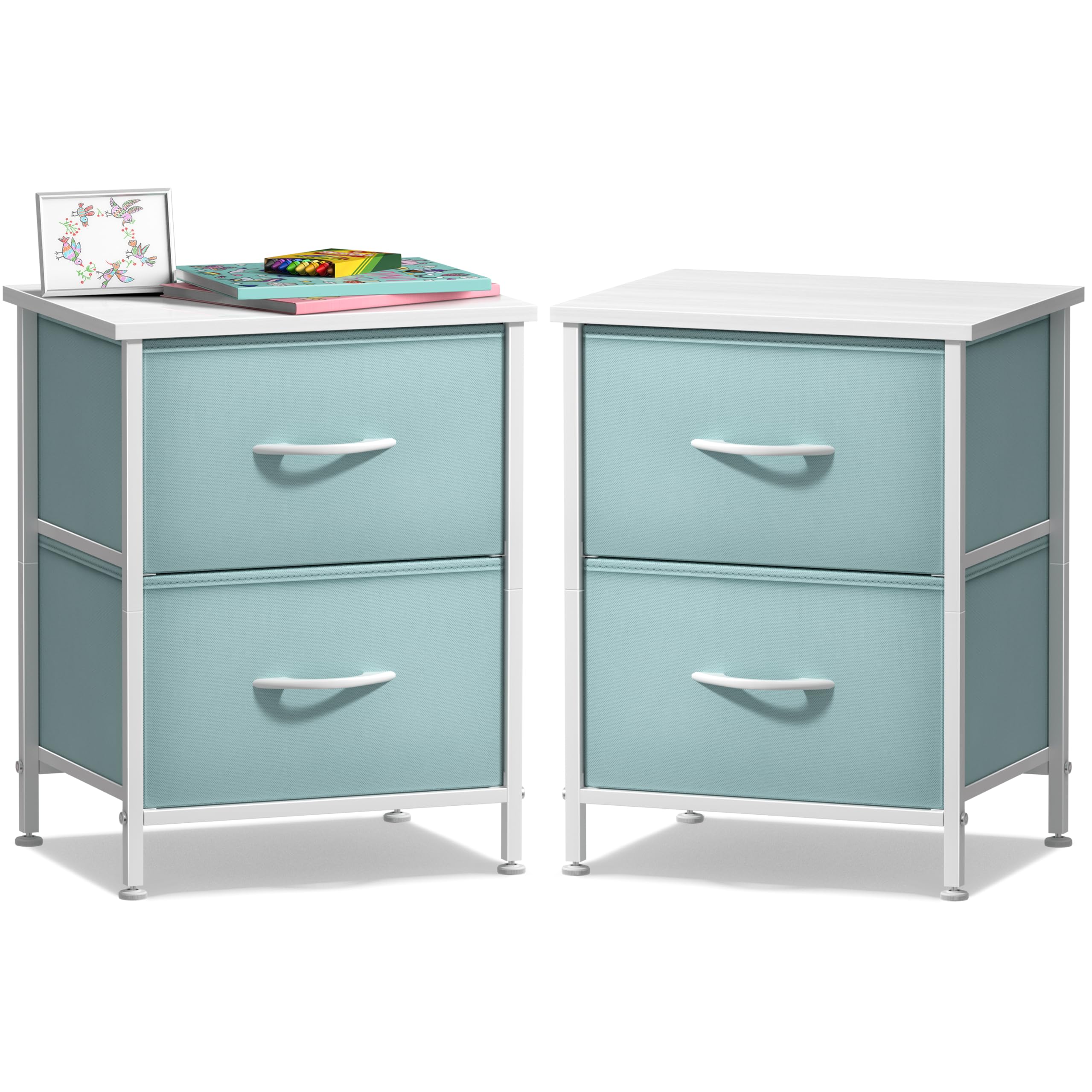 Sorbus Nightstand with 2 Drawers - Kids Bedside Furniture End Table Night Stand - Steel Frame, Wood Top & Easy Pull Fabric Bins - Dresser & Chest for Home, Bedroom Accessories, Office & Dorm (2 Pack)