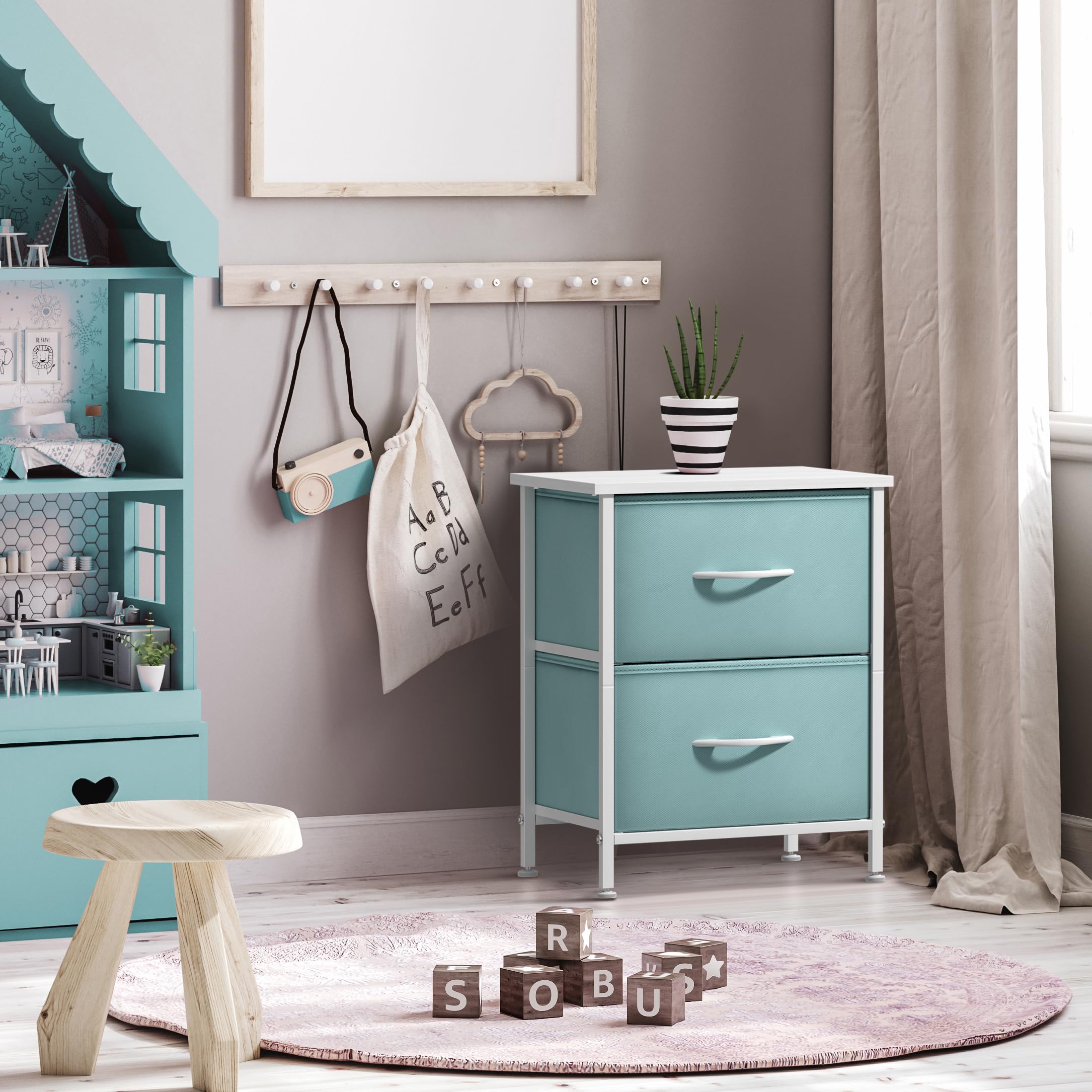 Sorbus Nightstand with 2 Drawers - Kids Bedside Furniture End Table Night Stand - Steel Frame, Wood Top & Easy Pull Fabric Bins - Dresser & Chest for Home, Bedroom Accessories, Office & Dorm (2 Pack) - Image 6
