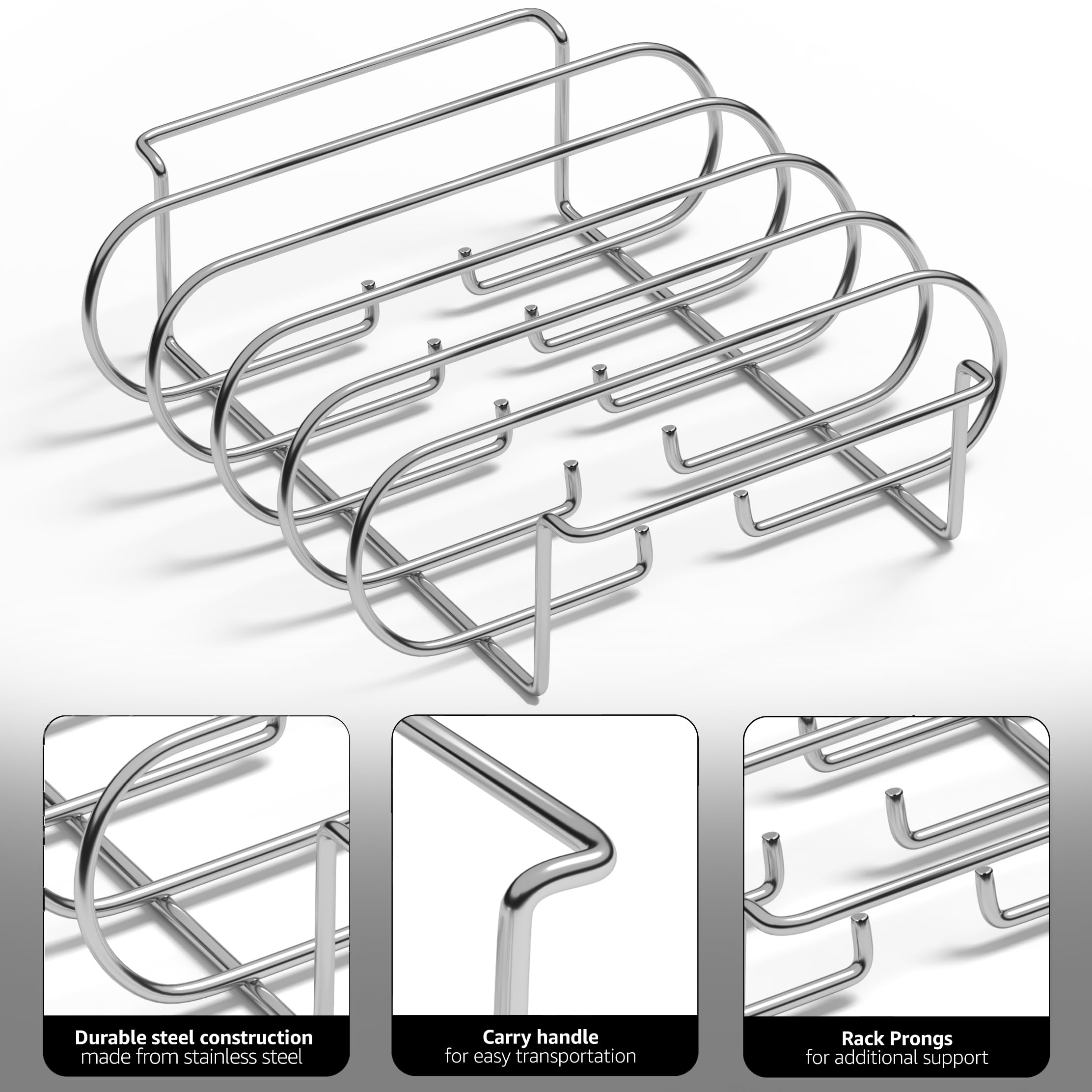 Sorbus Non-Stick Rib Rack - Porcelain Coated Steel Roasting Stand – Holds 4 Rib Racks for Grilling & Barbecuing - Perfect BBQ Accessories for Smoker and Grill - Durable and Convenient Design (Silver) - Image 3